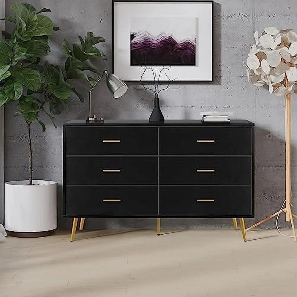 KHBIULIFE Wood 6 Drawers Dresser for Bedroom Mid Century Modern Chests of Drawer with Metal Handles (White1)