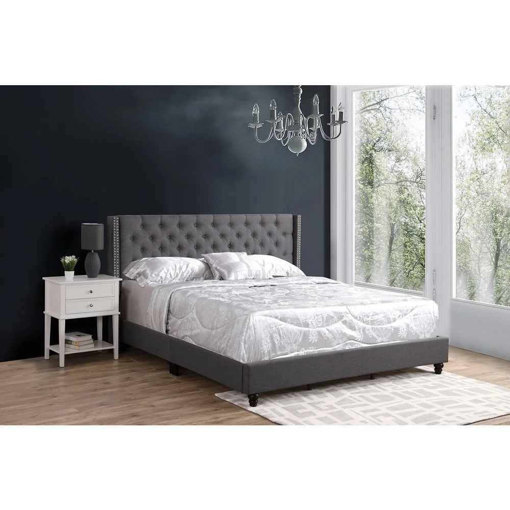 Passion Furniture  Julie Tufted Upholstered Low Profile Panel Bed, Gray - Full Size
