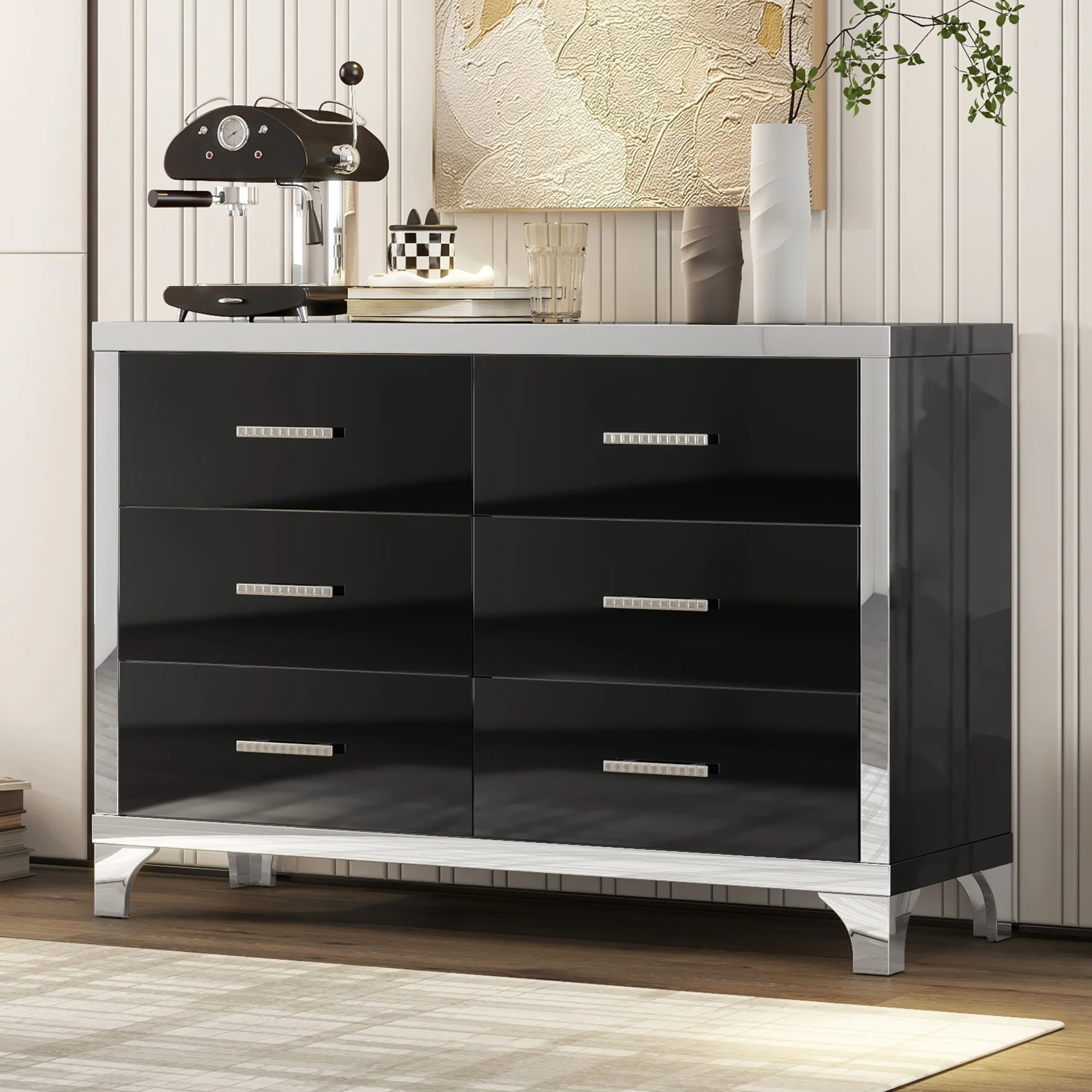 High Gloss Dresser with Metal Handle - Mirrored Storage Cabinet with 6 Drawers, Ideal for Bedroom, Living Room, and Closet Storage Organization-Black