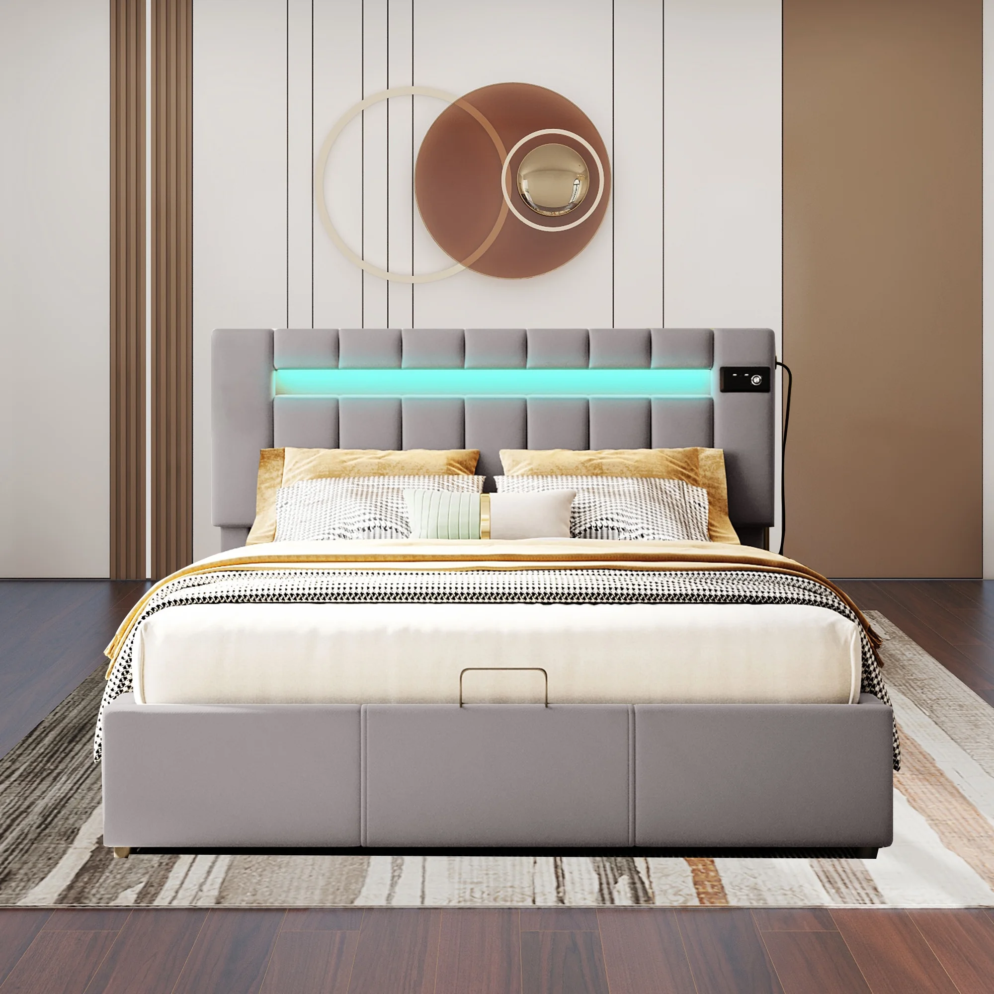 Upholstered Bed Queen Size with LED Light & Bluetooth Player, Gray Velvet Fabric & USB Charging Ports, Easy-Use Hydraulic Double-Lift Mechanism, Large Storage Space