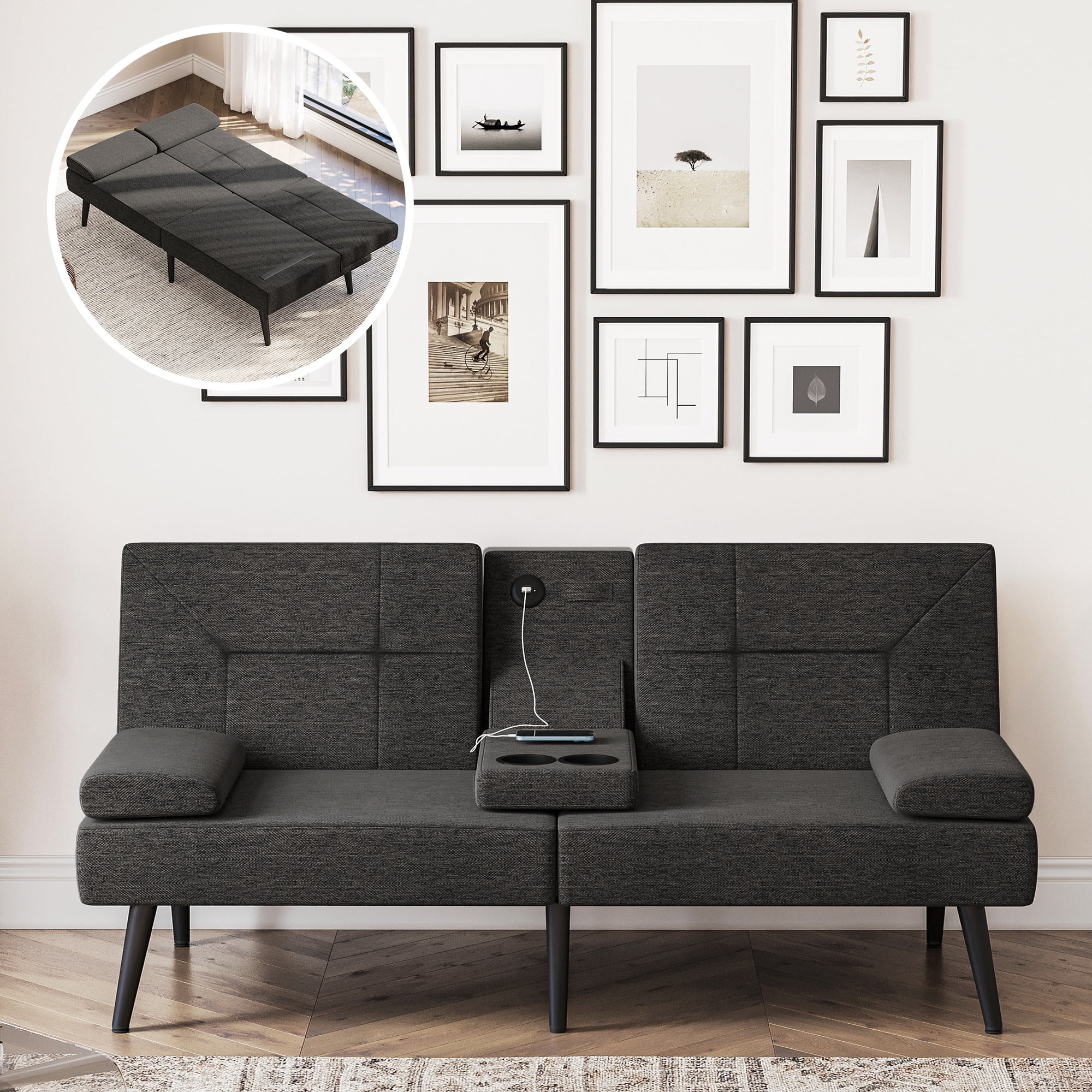 BELLEZE Convertible Sofa Bed with USB Charging Port, Modern Loveseat, Sleeper Sofa, Futon Couch for Living Room, Guest Room, Garage - Madison (Dark Gray Linen)