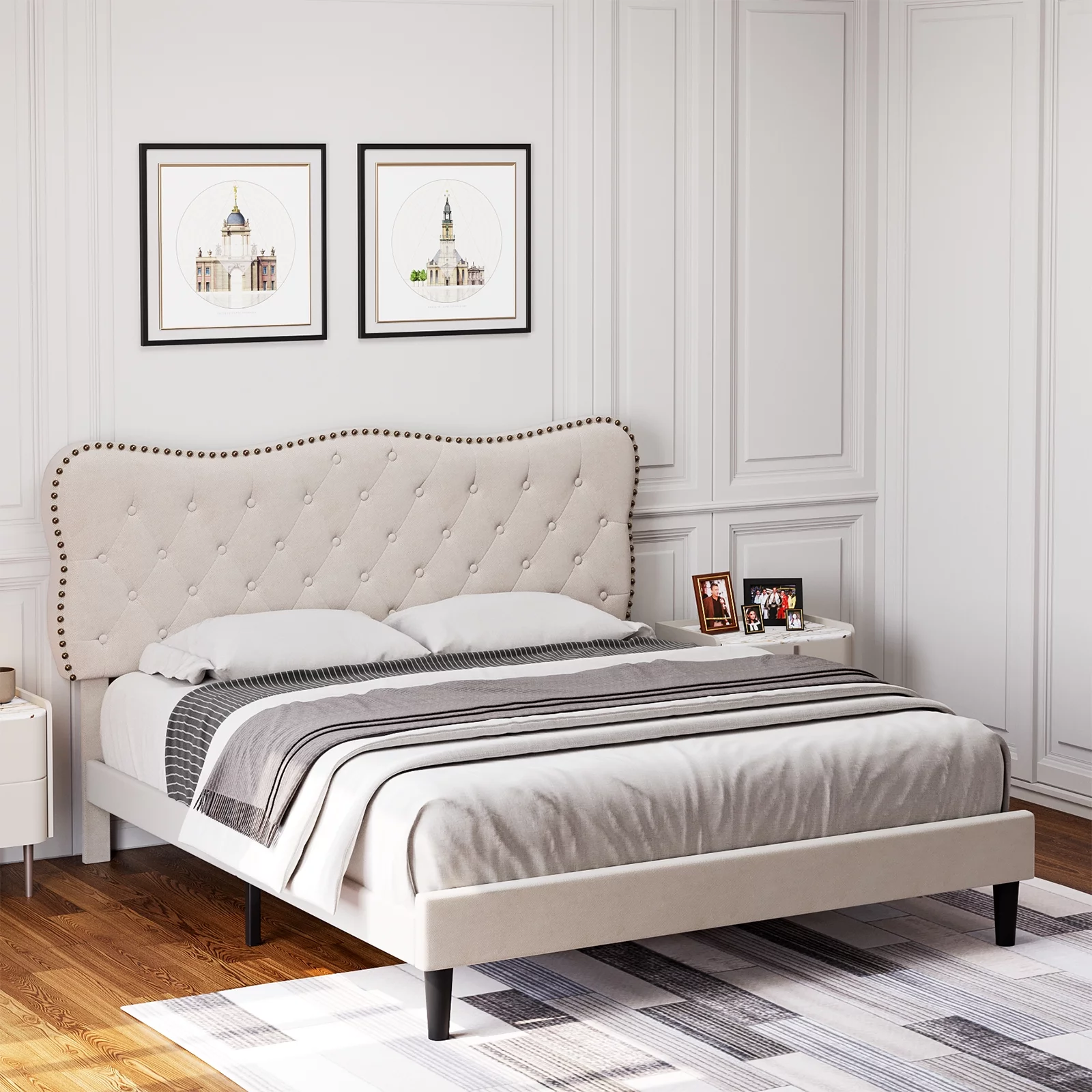 Homfa Queen Size Bed Frame, Linen Upholstered Platform Bed with Button Tufted Adjustable Headboard for Bedroom, Beige