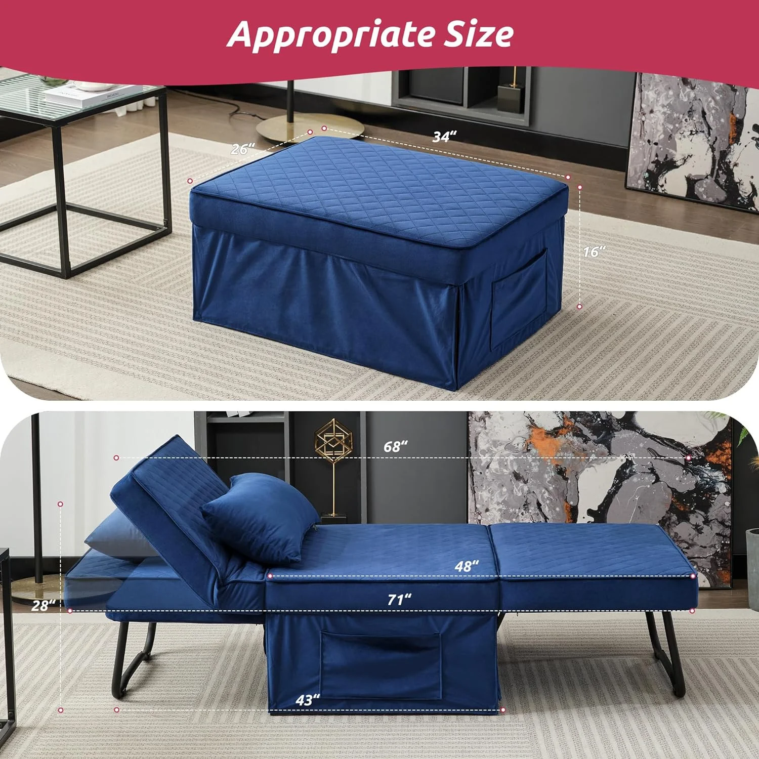 Folding Ottoman Sofa Bed, Convertible Chair 4 In 1 Multi-Function Ottoman, Couch Bed With 6 Position Adjustable Backrest, Modern, Imitation Flannel, Blue