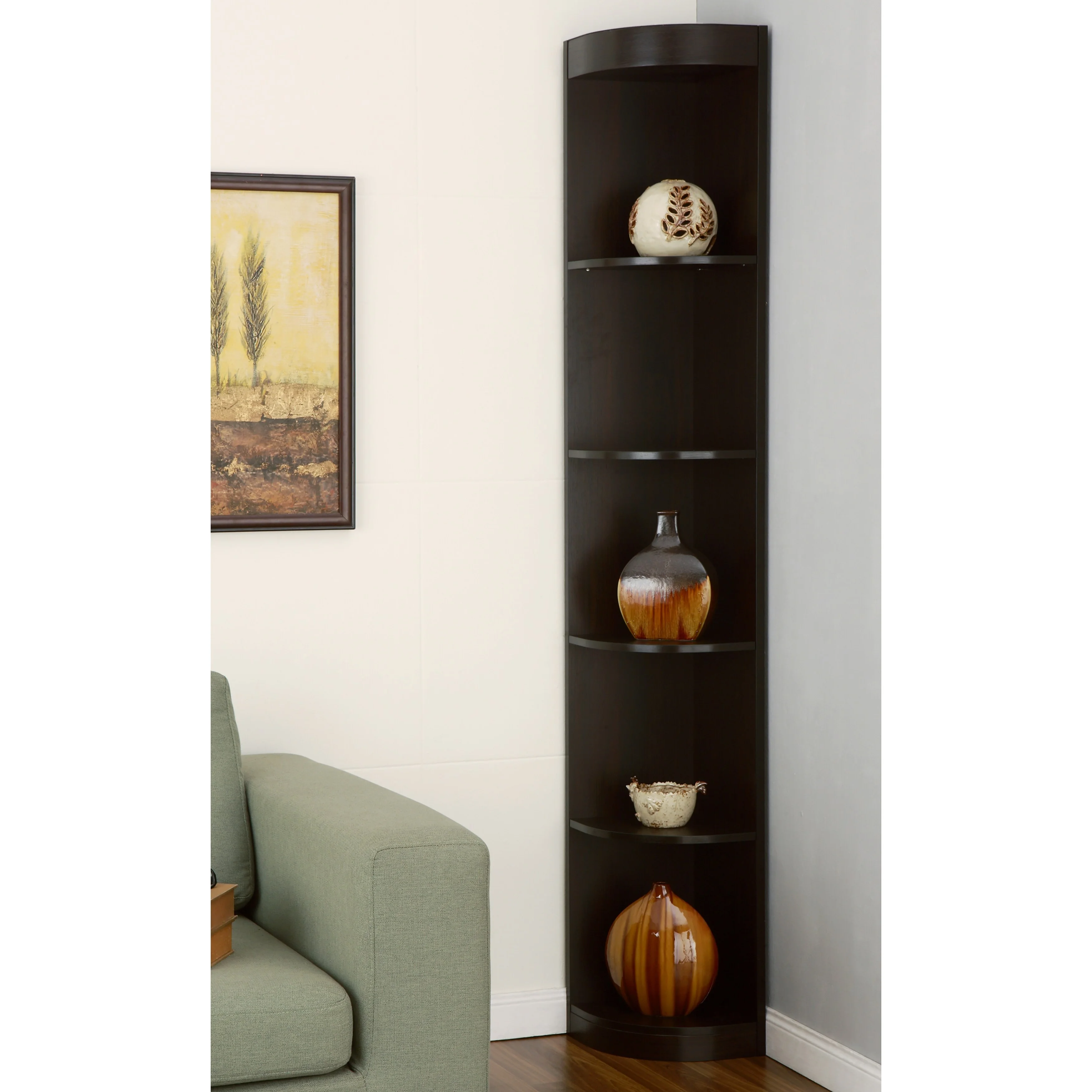 Denhour DH BASIC 5-Shelf Corner Bookcase Display Stand in Brown Cappuccino Finish by