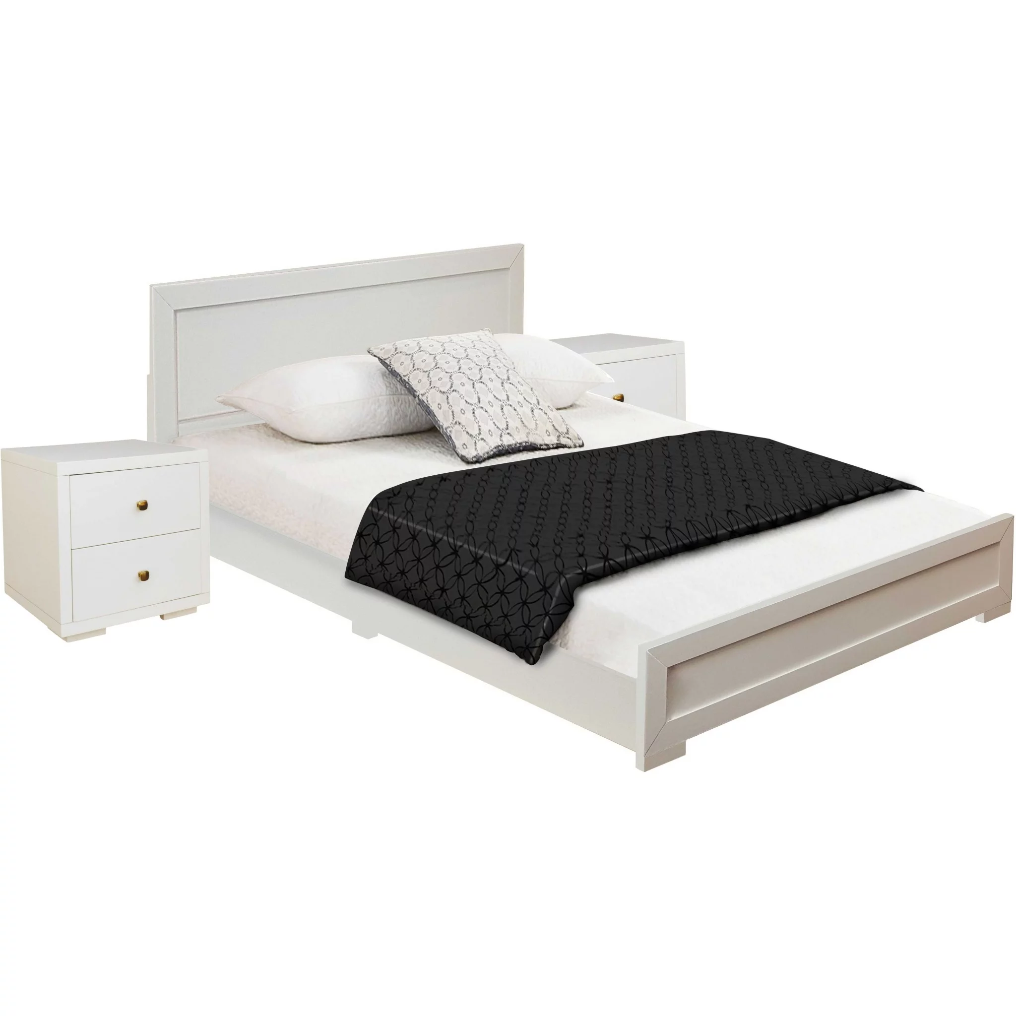 HomeRoots  35.4 x 63 x 82.3 in. Moma Wood Platform Bed with Two Nightstands, White - Queen Size