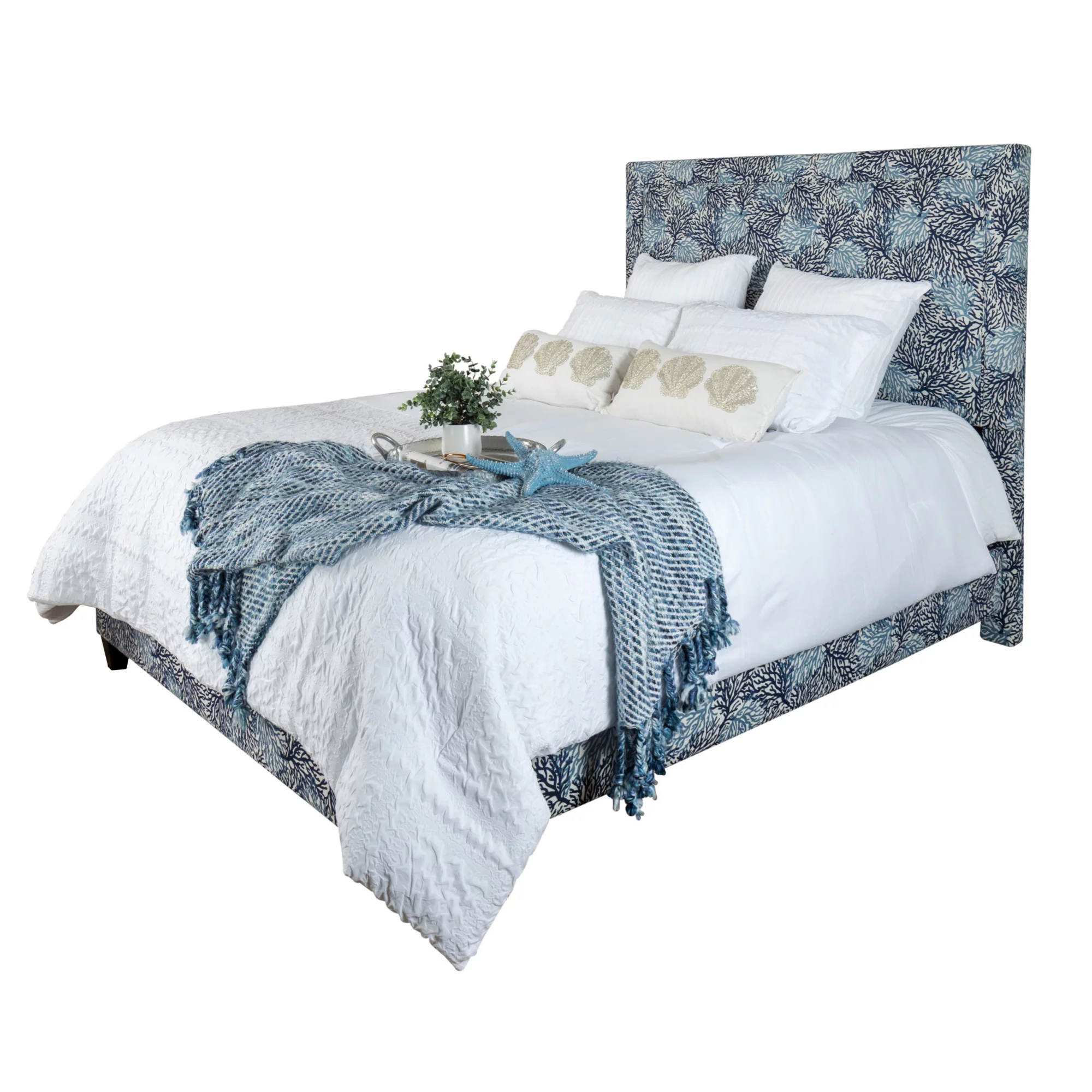 Leffler Home River King Upholstered Bed w/ Side Rails and Footboard in Cove Dwellers Ocean