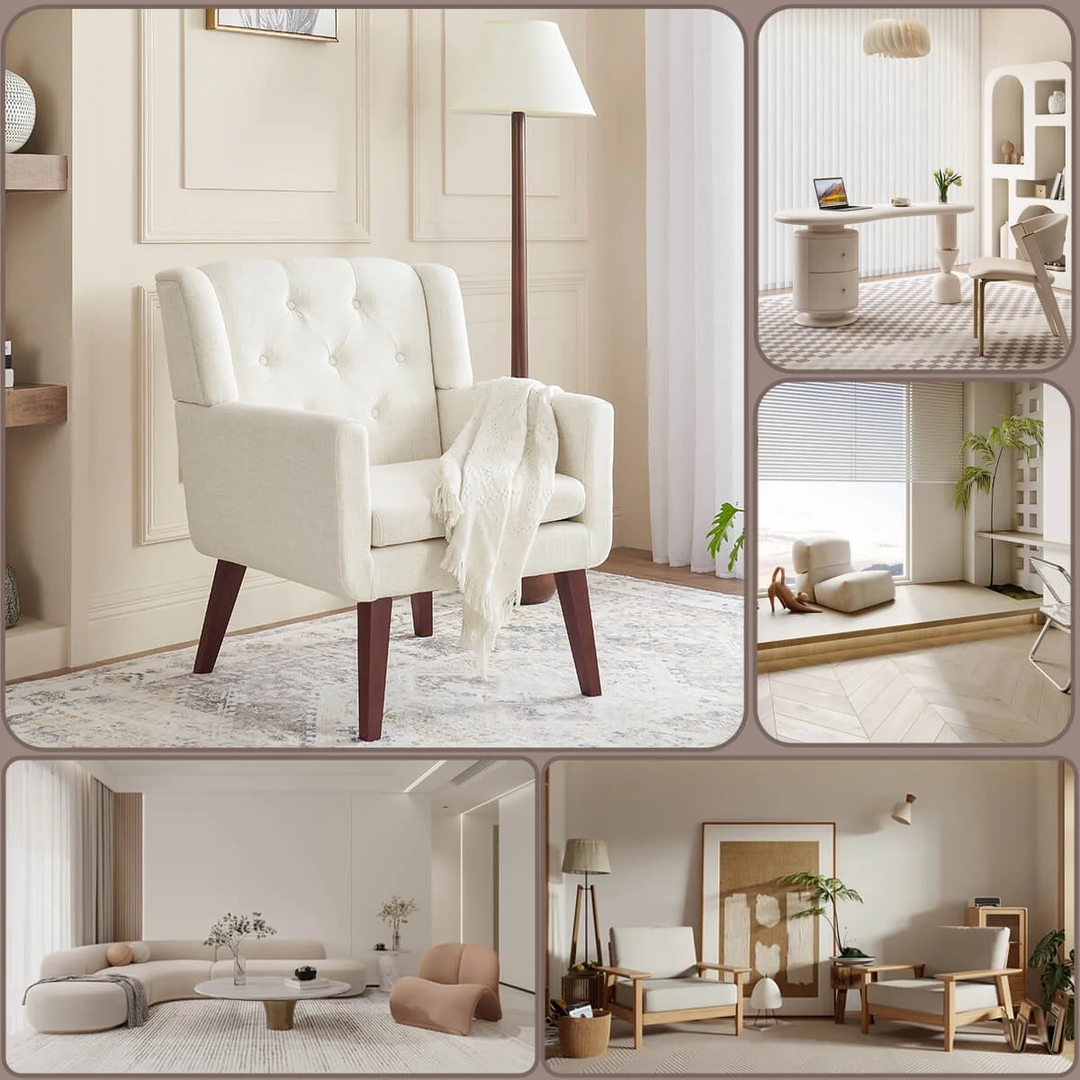 L'AGRATY Accent Reading Chair Button-Tufted Upholstered Comfy Mid Century Modern Chair with Linen Fabric Lounge Arm Chairs for Living Room Bedroom (Beige)
