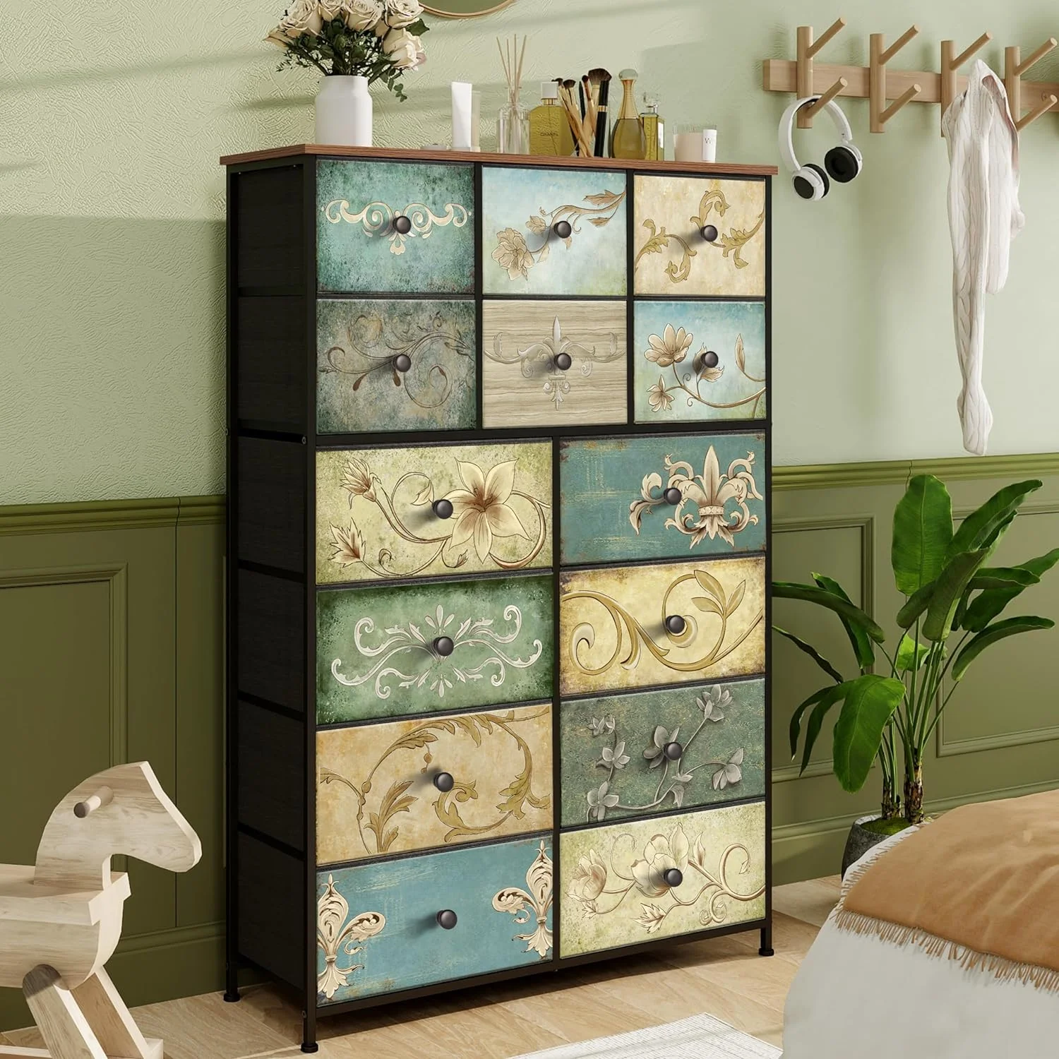 Dresser with Drawers for Bedroom Chest of Drawers Fabric Dresser for Closet,Nursery Entryway Hall Tree TV Stand for Living Room Retro Floral Pattern Drawers Wooden Top (5 Drawers)