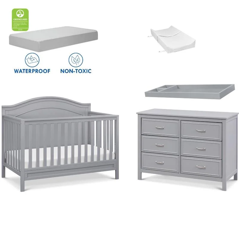 4-in-1 Convertible Crib and Dresser Changing Table Set with Mattress in Gray