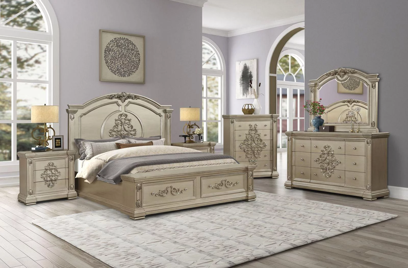 Metallic beige Wood Bedroom Set 6Pcs Transitional Cosmos Furniture Alicia