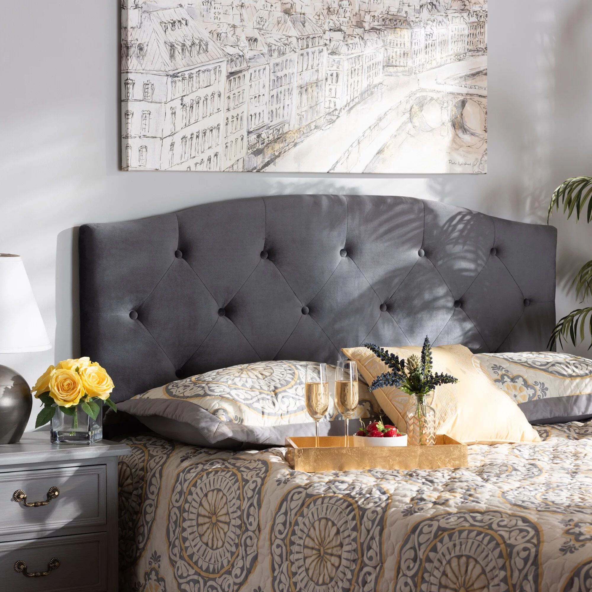 Baxton Studio Leone Modern and Contemporary Velvet Upholstered Headboard-Grey Queen