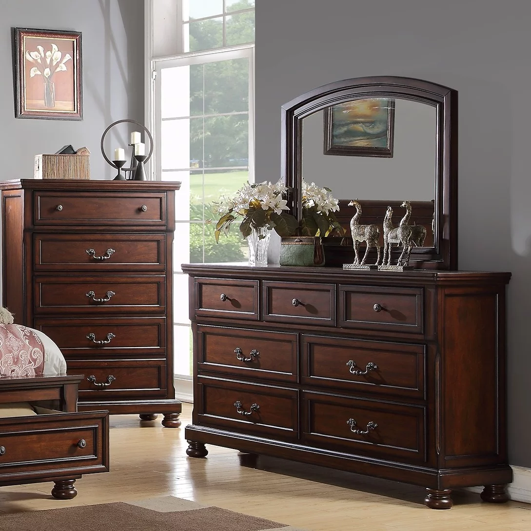 Formal Traditional Cherry Veneer 4pc Bedroom Furniture California King Size Bed Dresser Mirror Nightstand Sleigh Bed