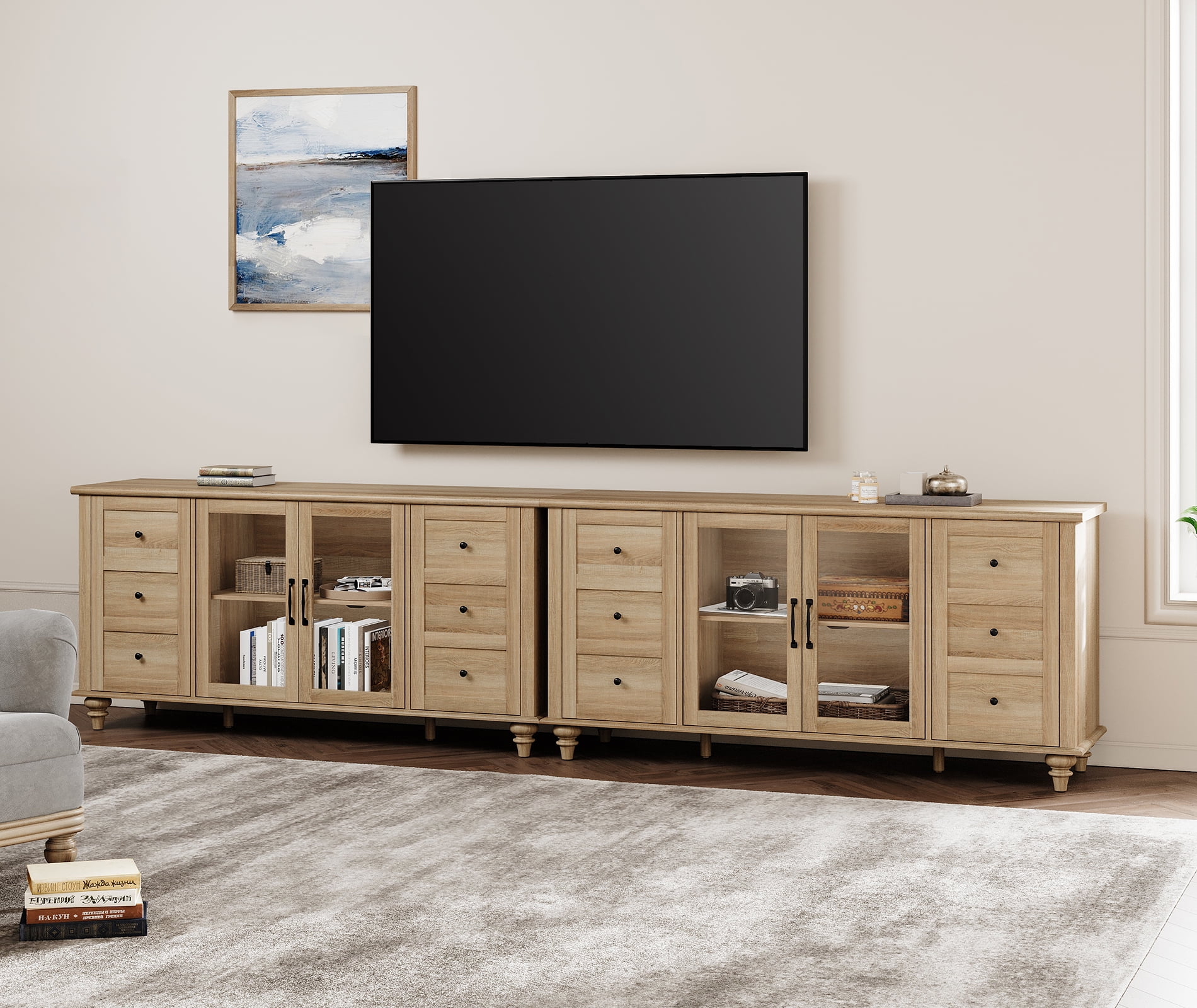 WAMPAT 2-in-1 Dresser for Bedroom with Storage Cabinet，TV Stand for Living Room ,Mid Century Modern Wooden Kids Dressers with Glass Door, Storage Cabinet Organizer for Bedroom, Living Room，