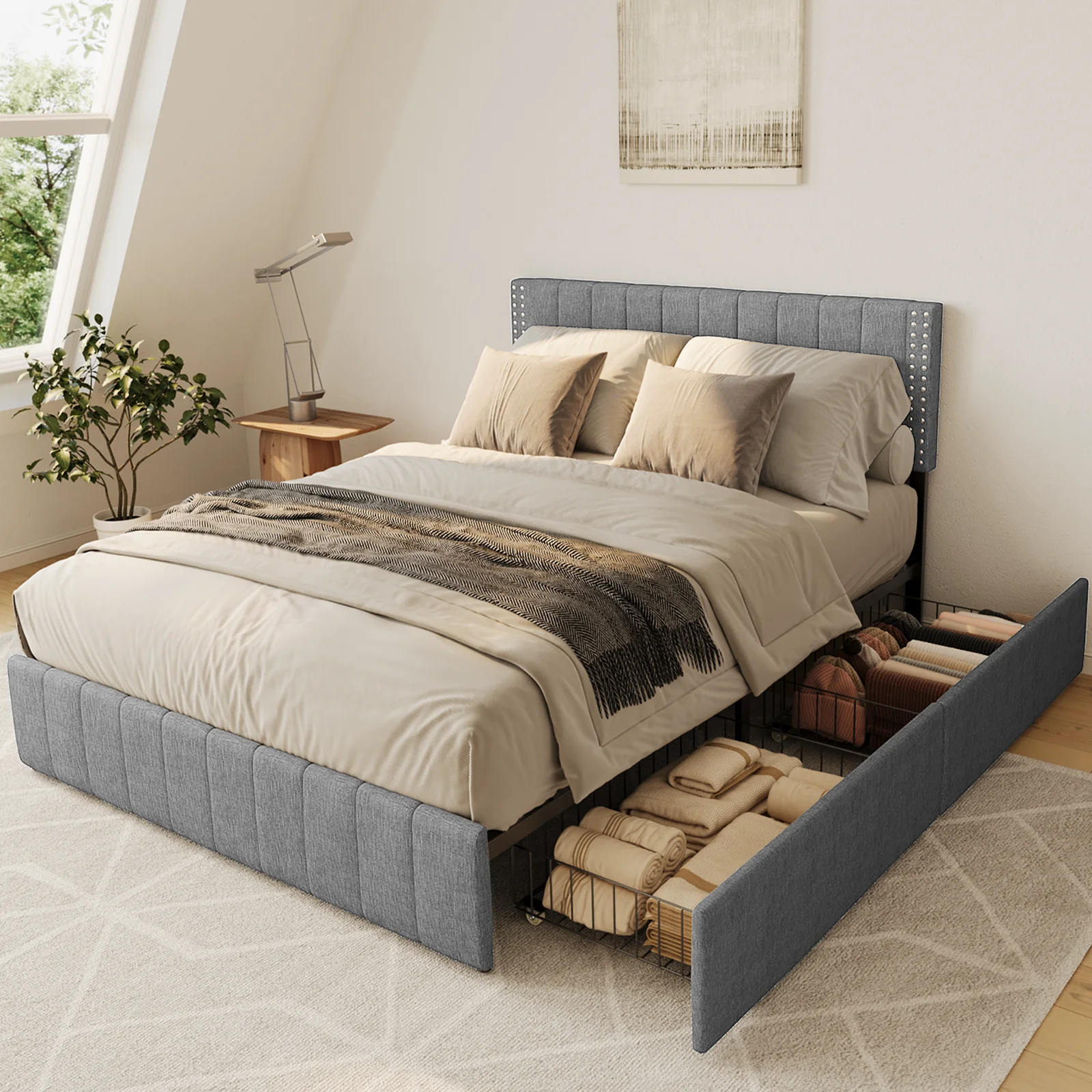 Bed Frame Queen with 4 Storage Drawers for Bedroom, Light Grey