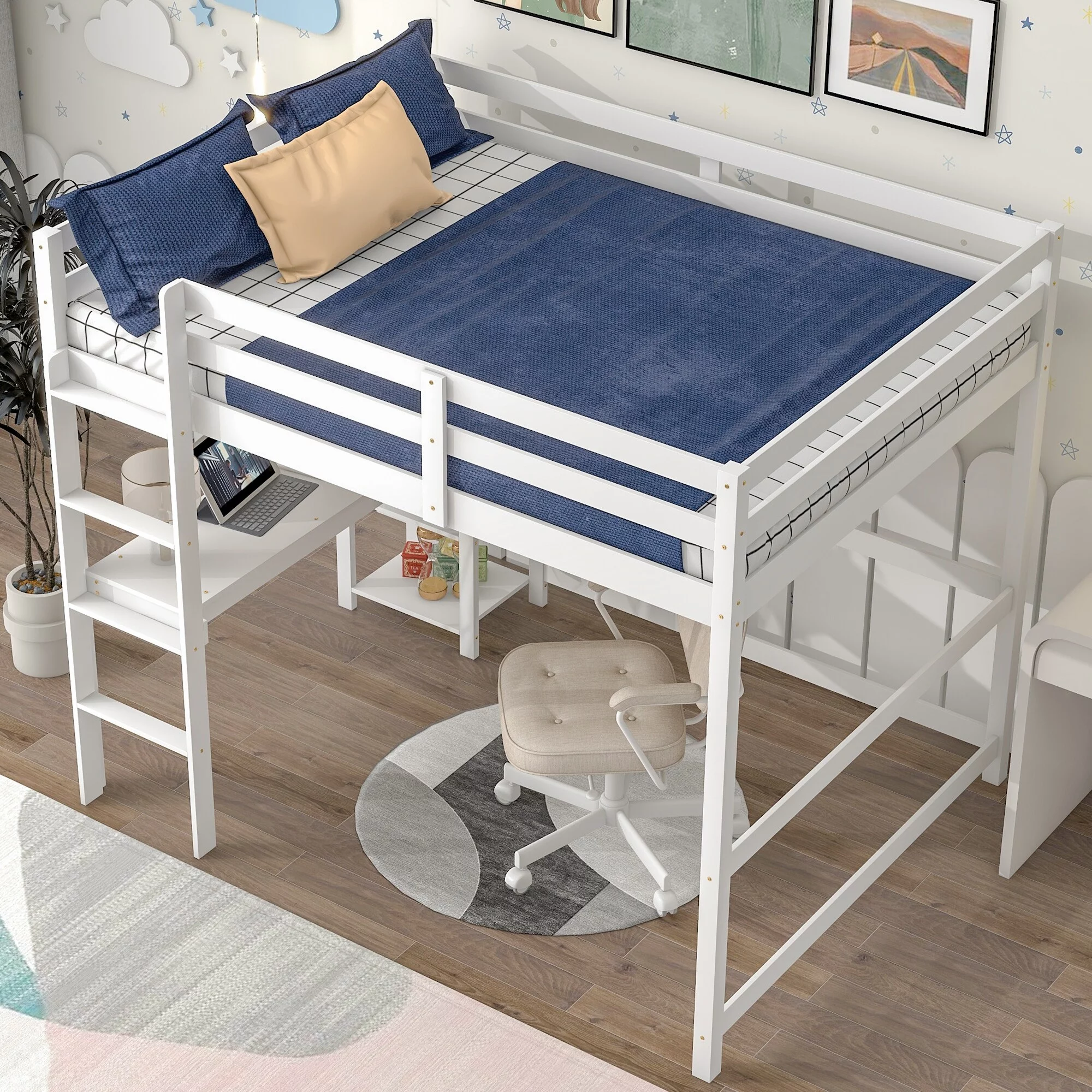 Multi-Functional Full Loft Bed Pine Wood Loft Bed with Desk and Shelves, Ideal for Homework, Play, and Privacy White