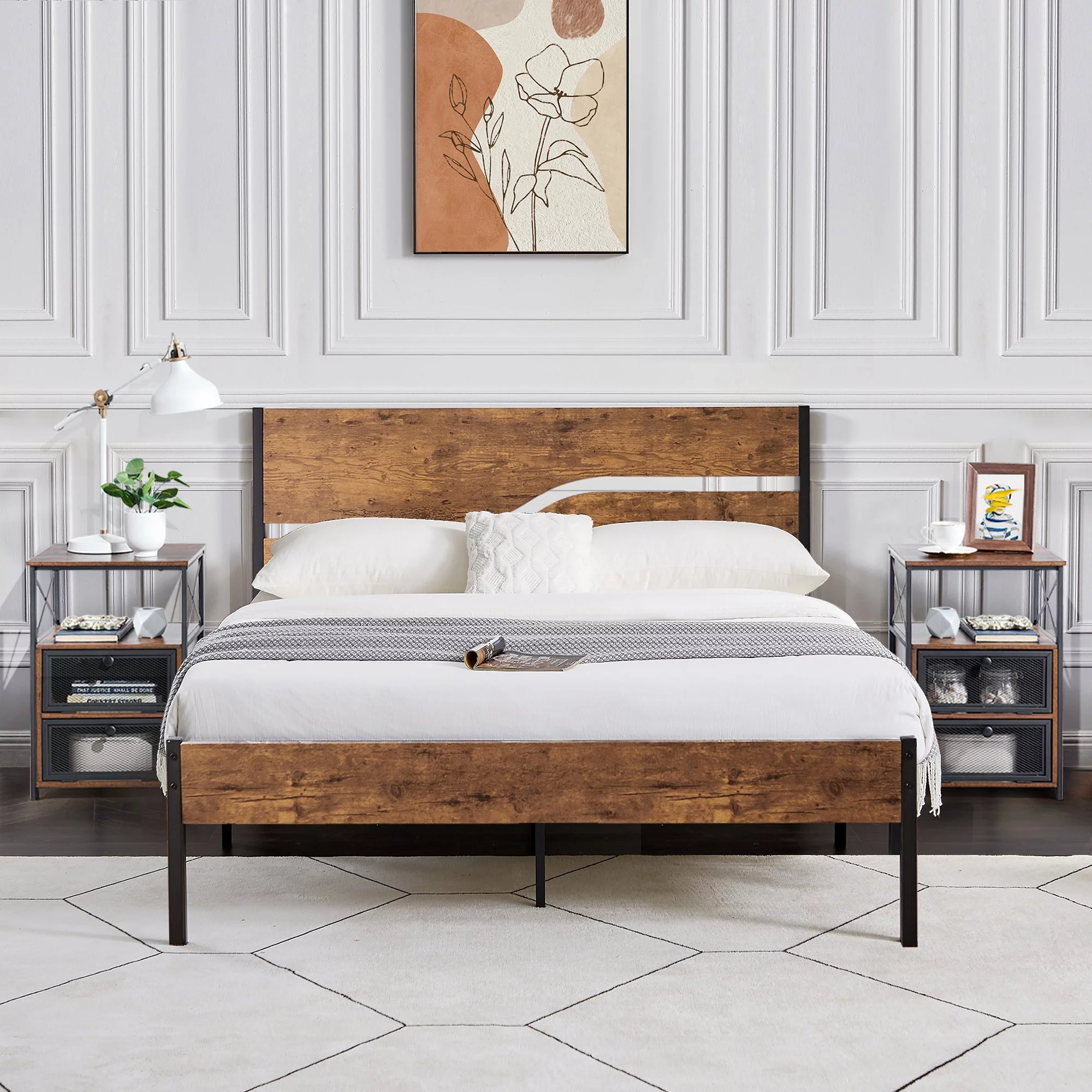 VECELO 3-Piece Bedroom Set Metal Platform Bed with Wooden Headboard and 2 Brown Nightstand, Full Size
