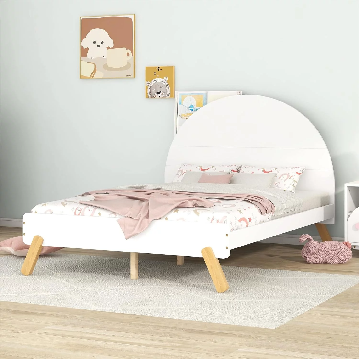 Full Size Platform Bed With Half Round Headboard And Small Shelf Behind Headboard, Solid Wood Bed Frame, No Spring Box Needed, White
