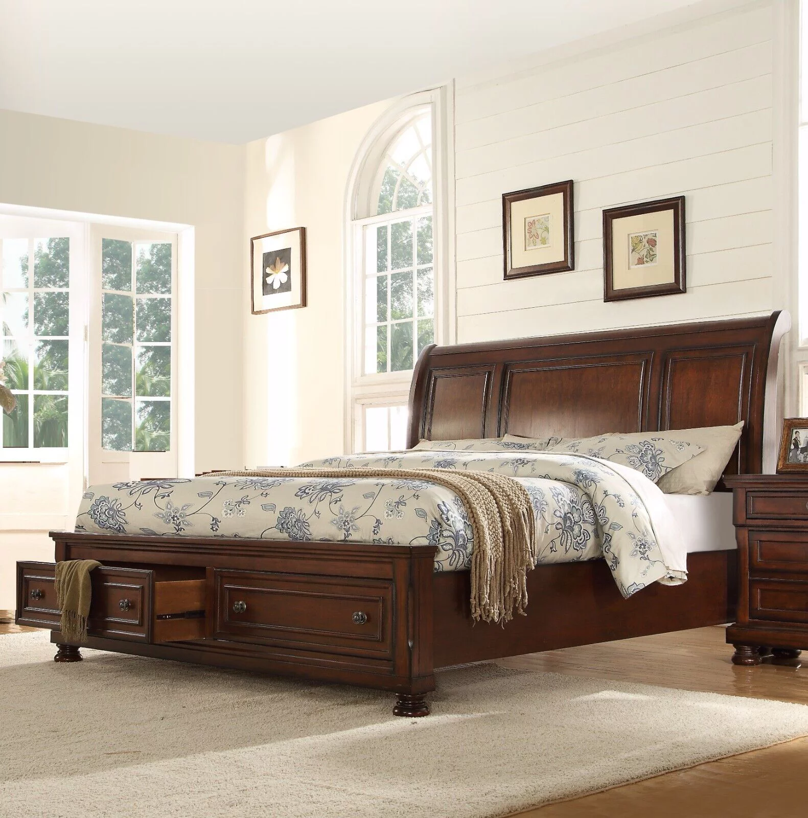 Contemporary Recessed 4pc Queen Size Bed Set Curve Headboard Brown Finish Solid Wood Storage Drawers Footboard