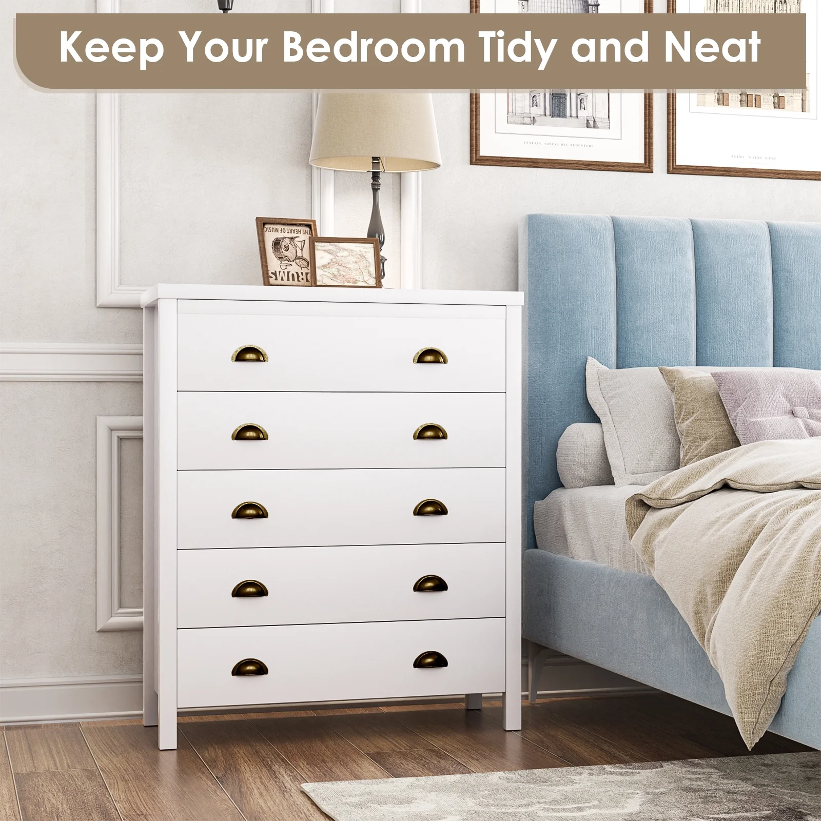 Nathaniel Home 5 Drawer Dresser, Modern Chest of Drawers, Large Capacity Storage Cabinet for Bedroom, Dressers Organizer for Hallway White