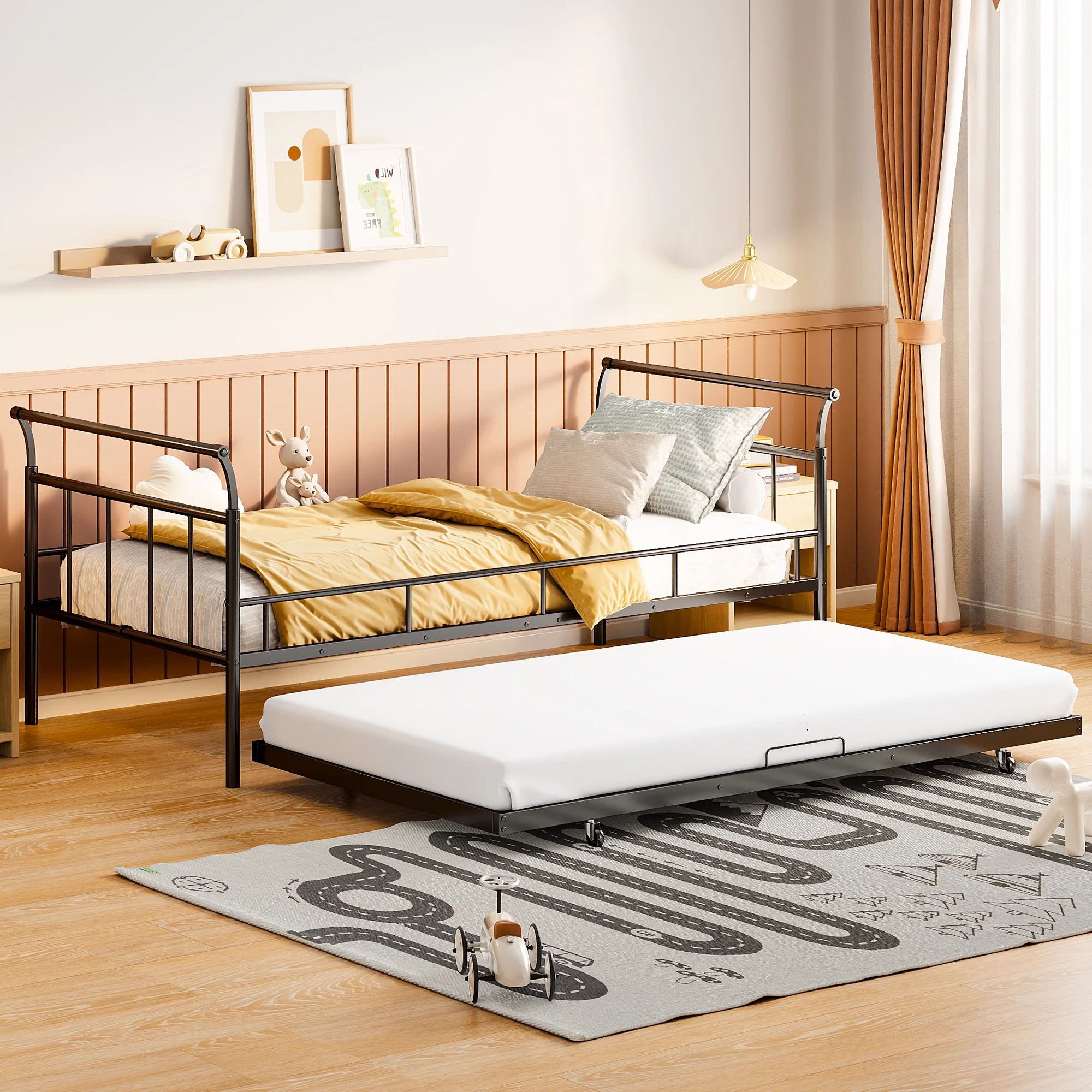 Merax Metal Daybed with Stylish Curved Handle Design and Twin Size Trundle in Black