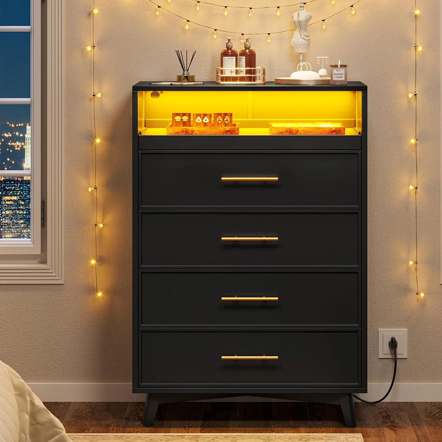 AOGLLATI 4 Drawers Dresser for Bedroom with LED Light, Dressers & Chests of Drawers, Bedroom Wood Tall Led Dresser for Living Room,Black