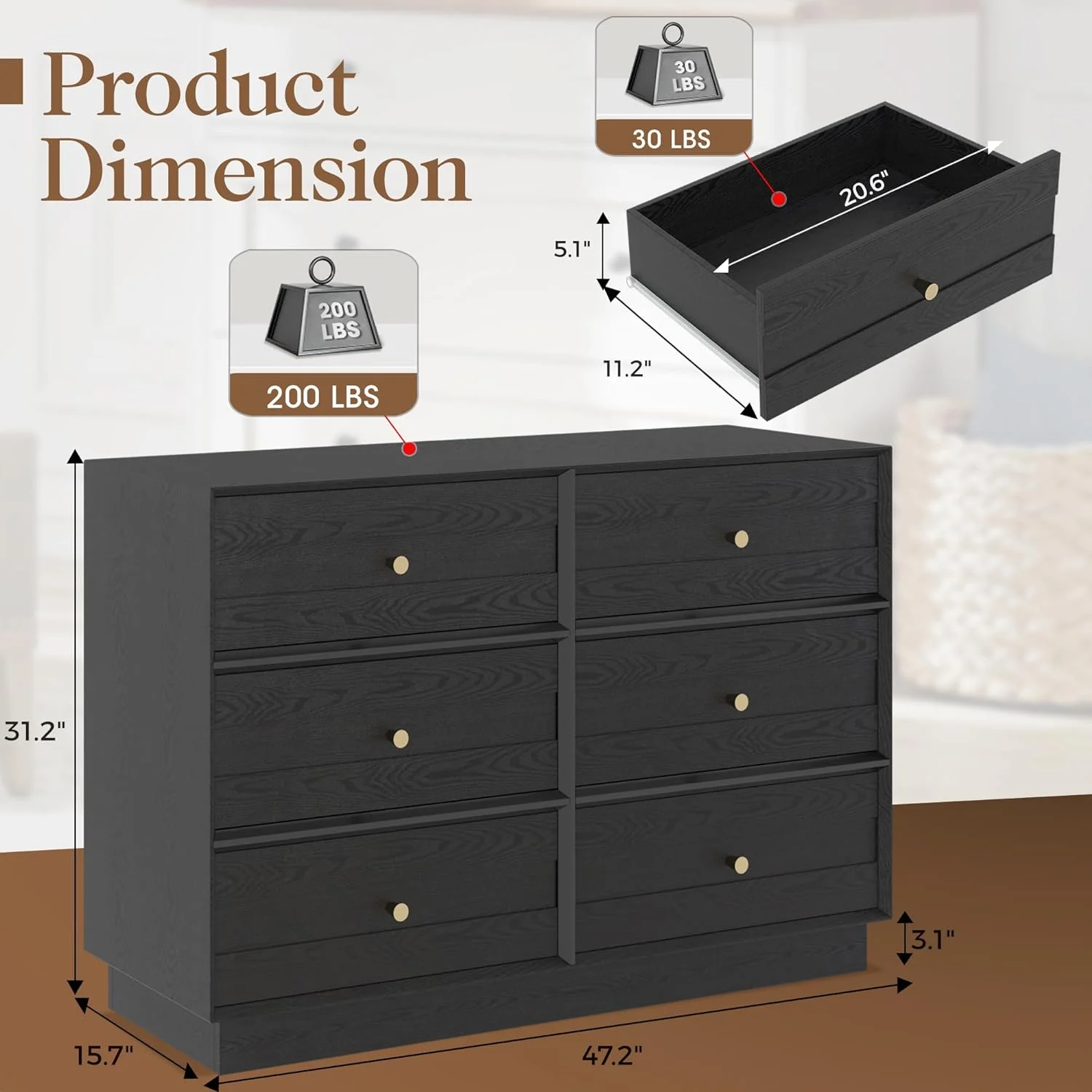 CozyHom 6 Drawers Dresser For Bedroom, Baby Dressers Chest for Nursery, Wood Storage Cabinet for Living Room Hallway Closet, Black