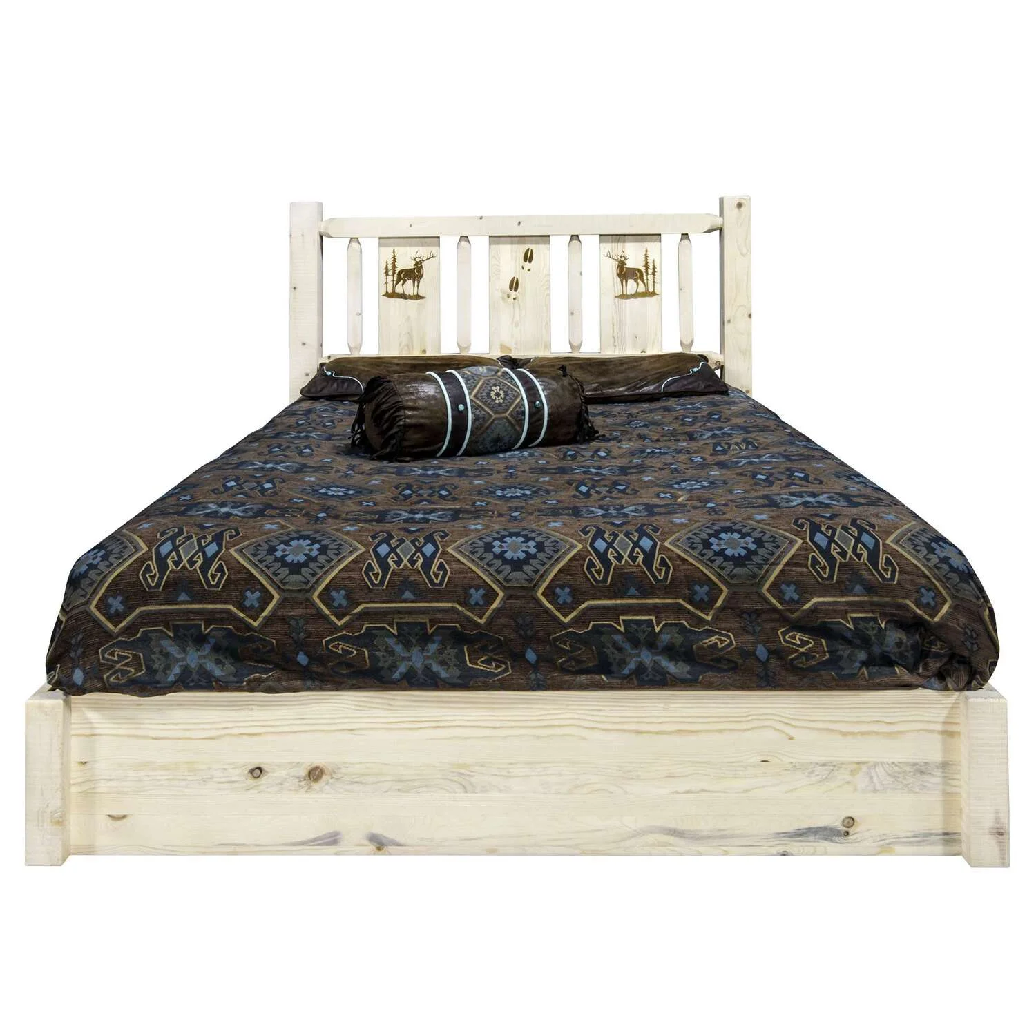 Homestead Collection Platform Bed w/ Storage, Twin w/ Laser Engraved Elk Design, Clear Lacquer Finish