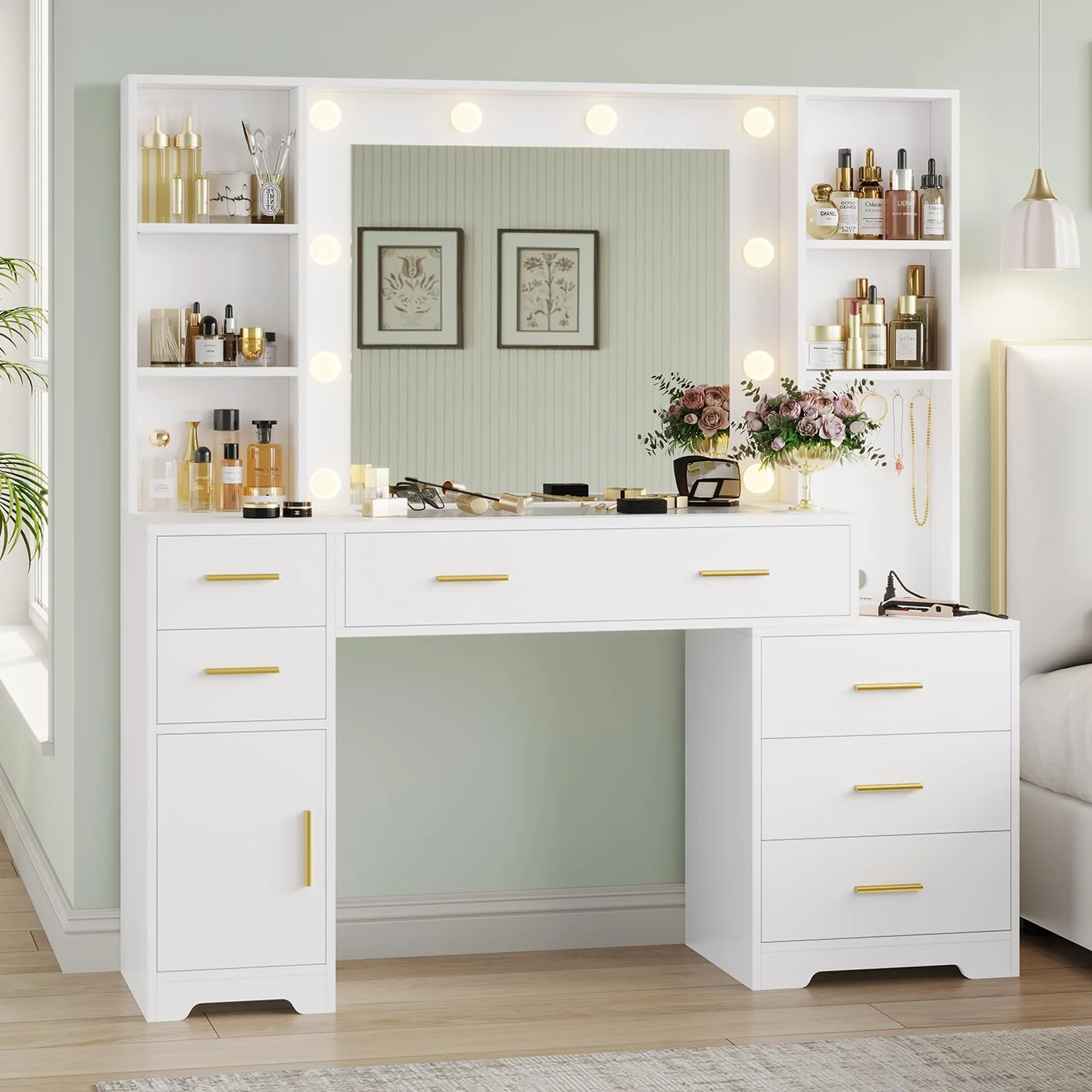 Weiplehoom 48.8'' Vanity Desk with Lighted Mirror, Power Outlet, 6 Drawers, 4 Shelves, Glass Tabletop, White