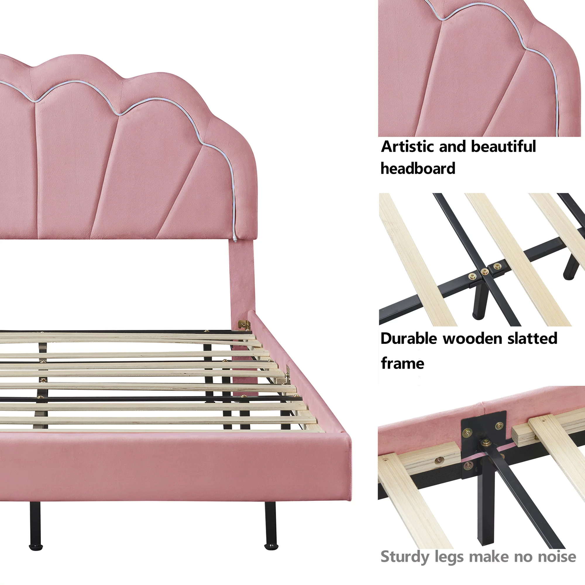 Kuurfuurdo Queen Size Upholstered Bed Frame with Elegant Flowers Headboard, Wooden Slats Support Floating Velvet Platform Bed with LED Lights