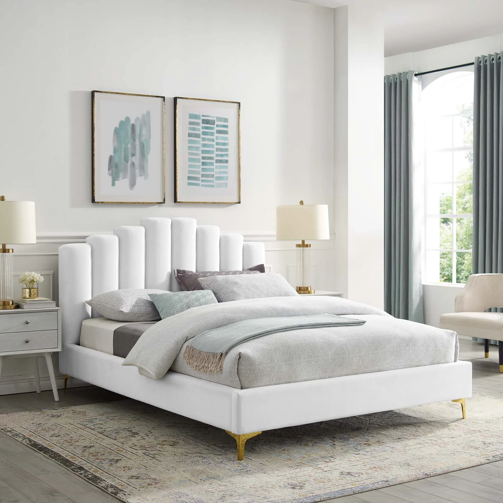 Modway Olivia Queen Performance Velvet Platform Bed in White