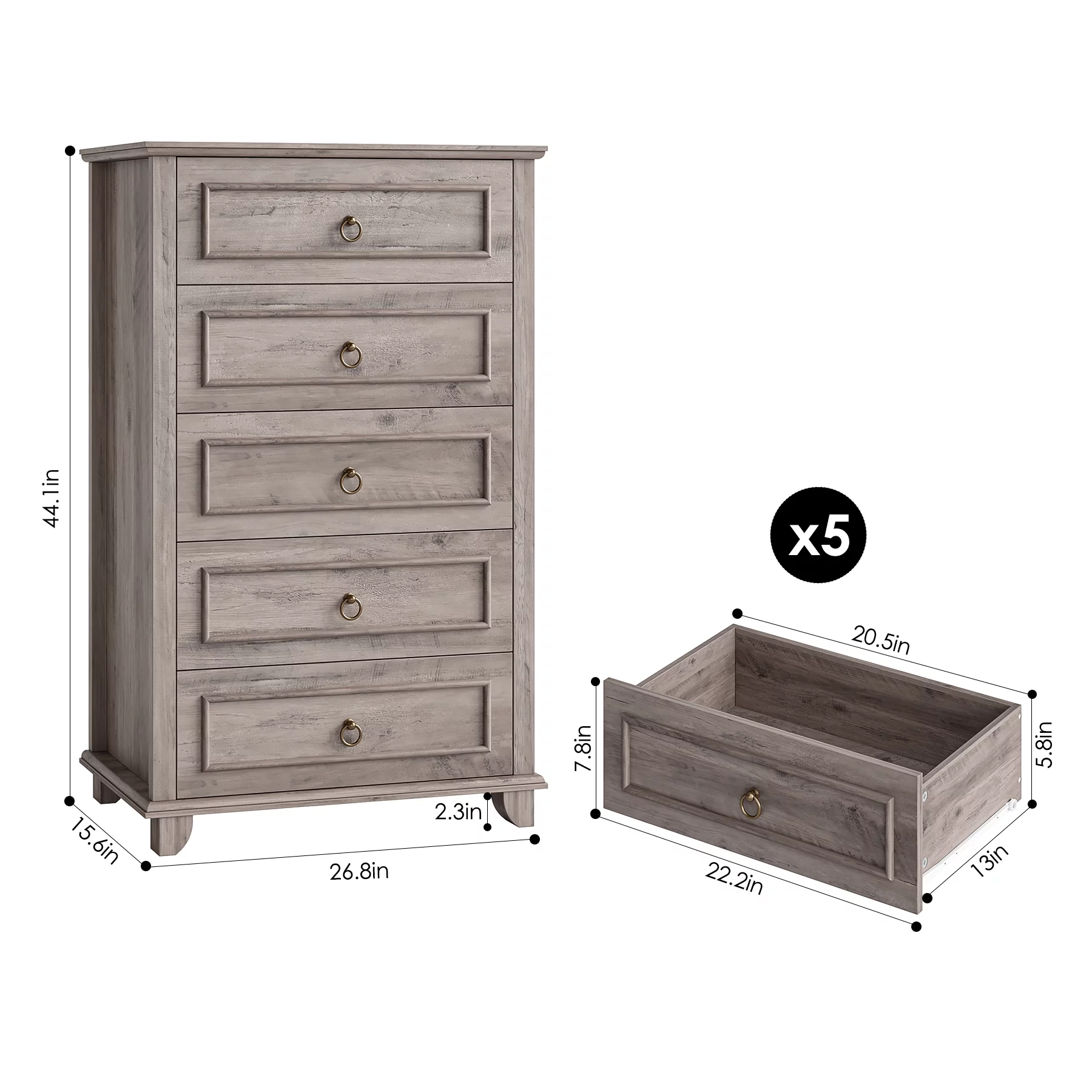 Homfa 5 Drawer Tall Dresser, Chest of Drawers Storage Cabinet for Bedroom Living Room, Wash Gray