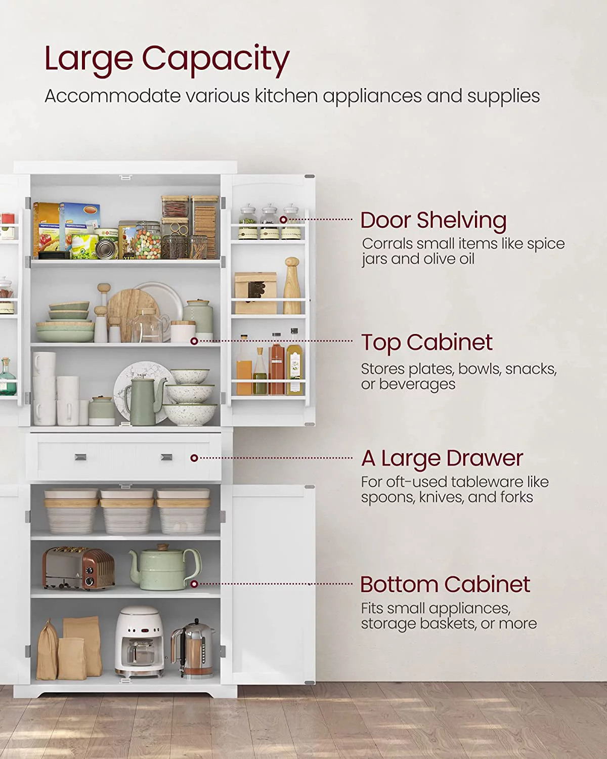 VASAGLE 71.9 Inch Kitchen Pantry Storage Cabinet Tall Freestanding Cupboard with 1 Large Drawer 6 Hanging Shelves for Dining Room Laundry White