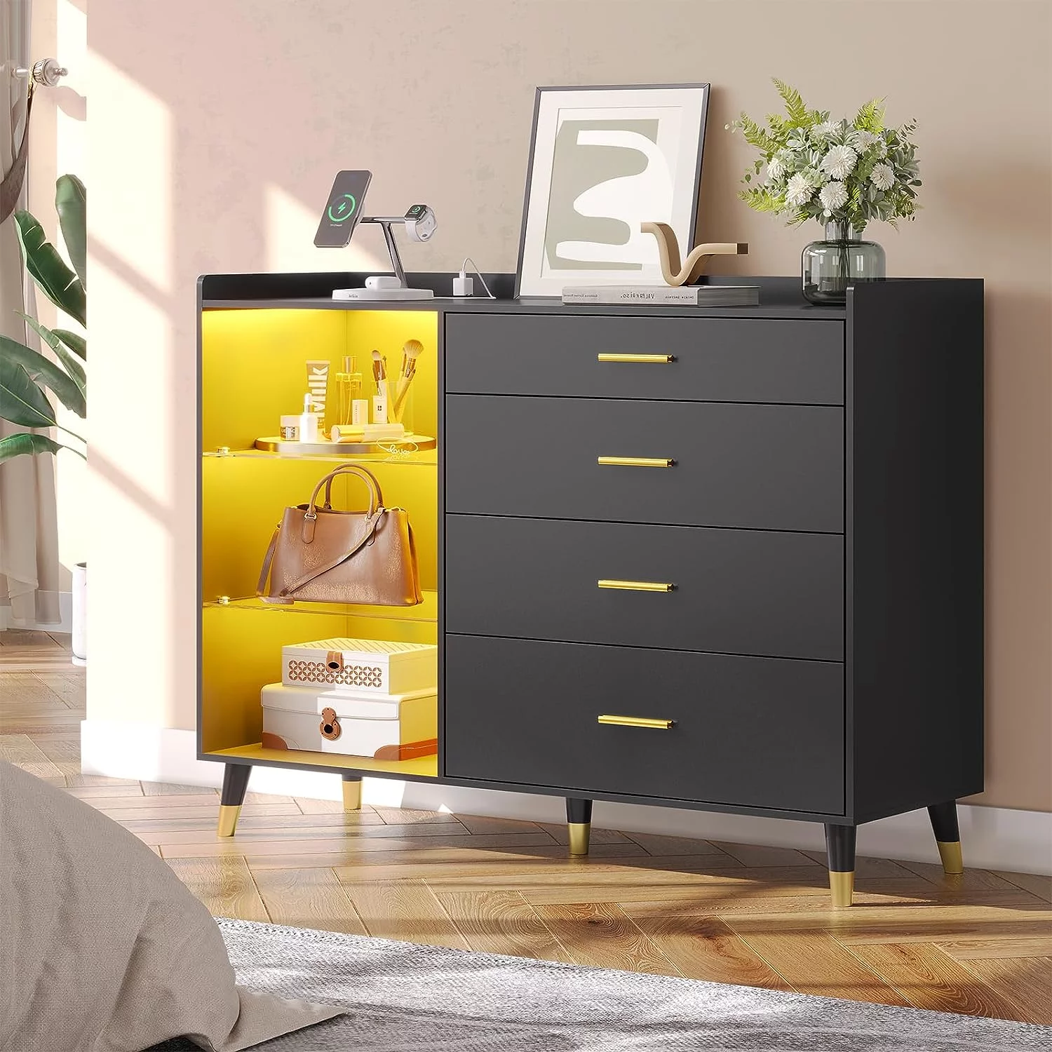Dresser for Bedroom with 4 Drawers, Bedroom Dresser with LED Light & Charging Station, Black