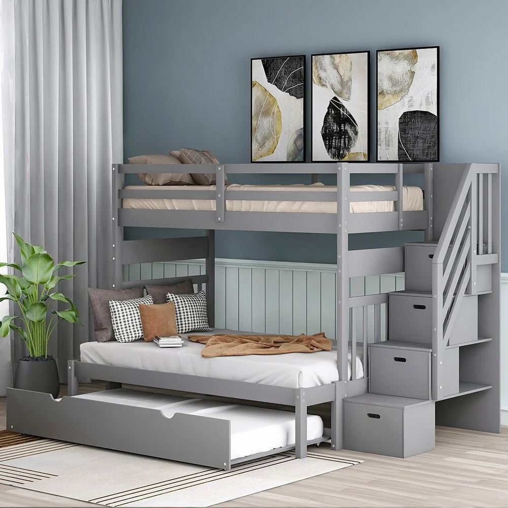 Twin over Full Bunk Bed with Twin Size Trundle and Storage Staircase