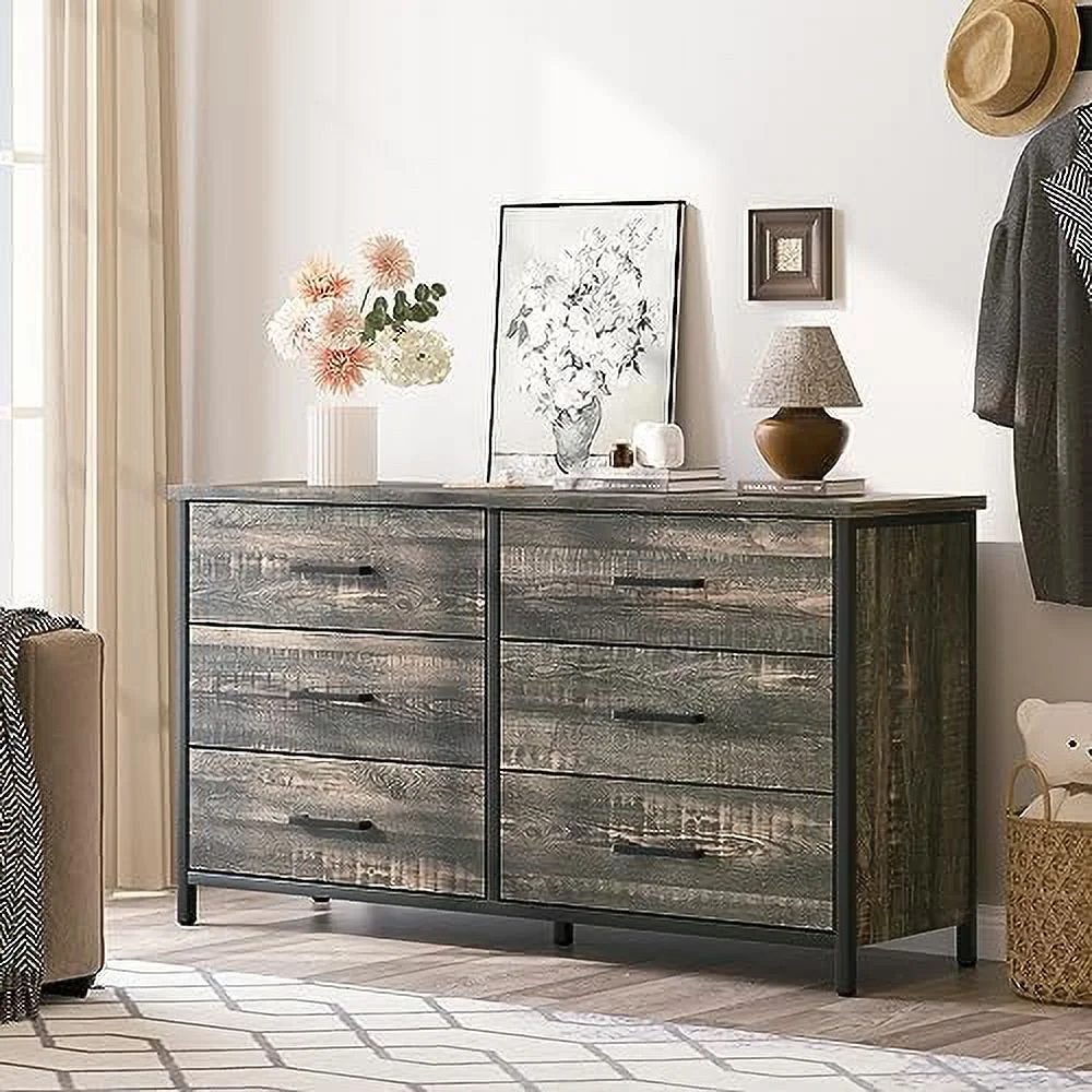 GEROBOOM 7 Drawer Tall Dresser with Sturdy Metal Frame  Industrial Minimalist Vintage Drawer Chest  Farmhouse Wood Rustic Clothes  Cabinet for Bedroom Living Room Hallway Office (Dark Rus
