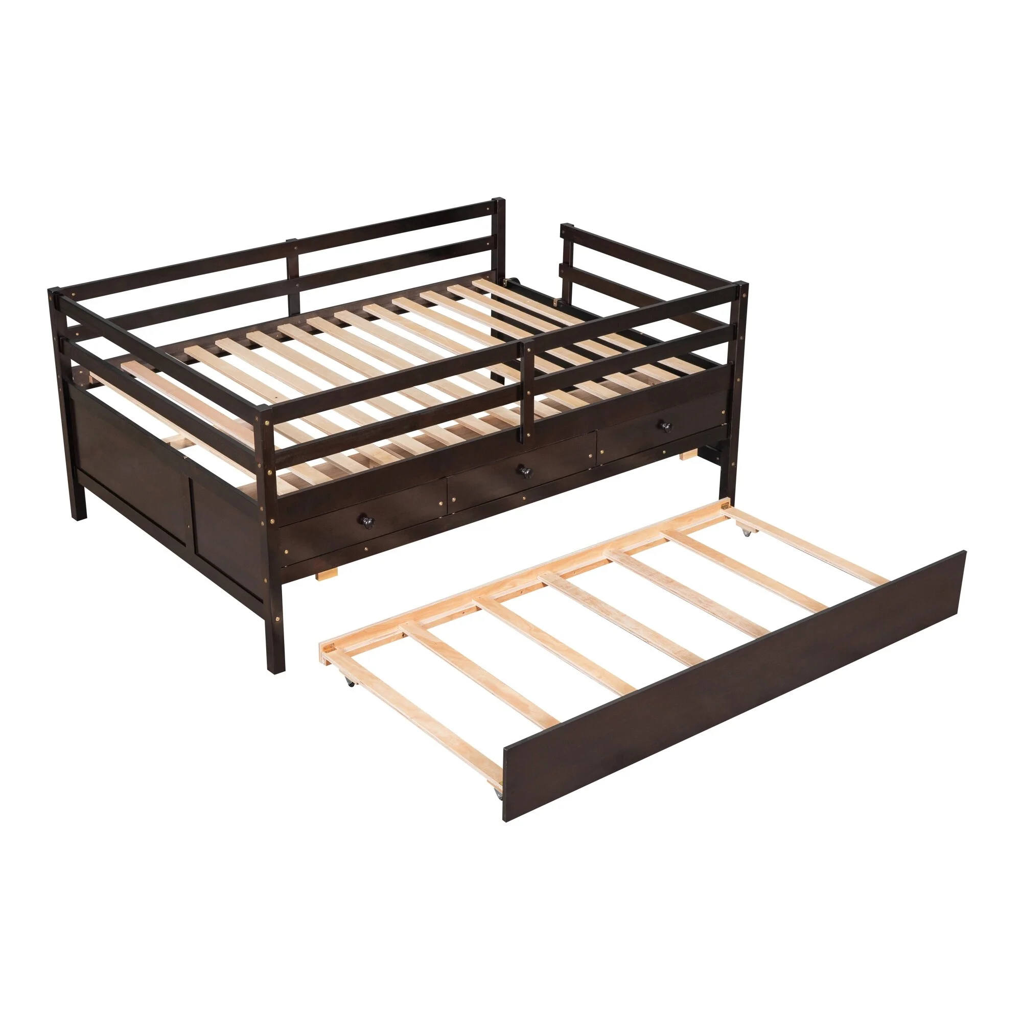 Nestfair  Full Size Wooden Low Loft Bed with Safety Fence and Trundle Espresso - Full