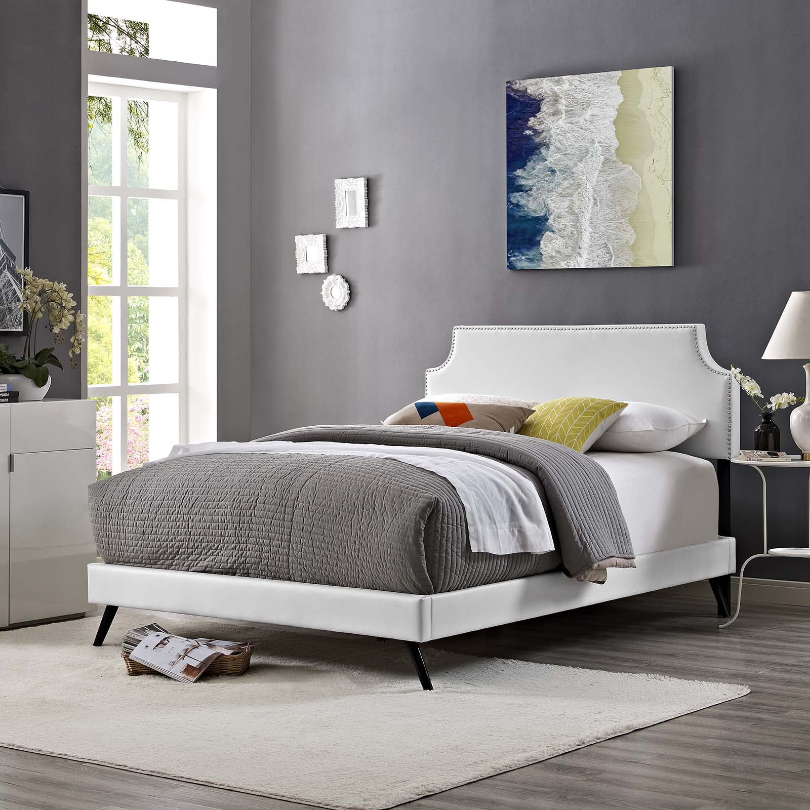 Modern Contemporary Urban Design Bedroom Full Size Platform Bed Frame, Faux Vinyl Leather, White