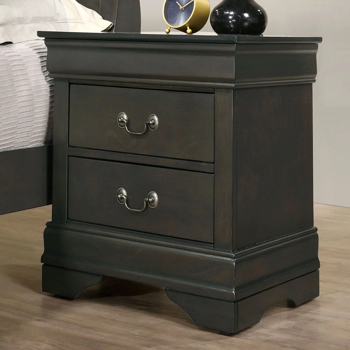 California King Size Bed 2x Nightstands Antique Nickel Hanging Pulls 3pc Bedroom Set Classic Bedroom Furniture Gray Solid wood