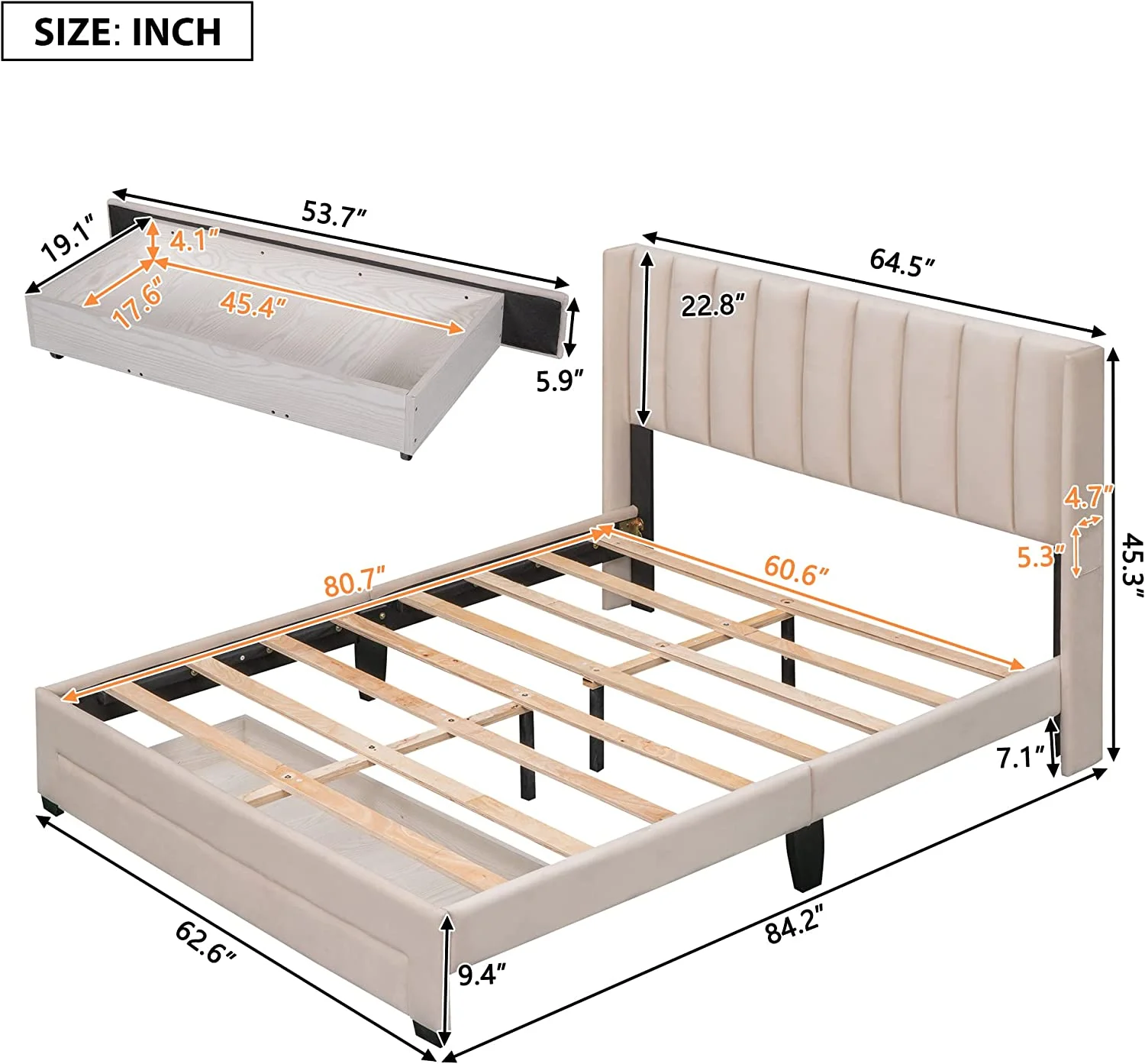 Upholsered Quee Size Plaform Bed Frame Wih Headboard Ad A Big Drawer, Velve Maress Foudaio Wih Woode Slas Suppor, o Box Sprig eeded - Beige