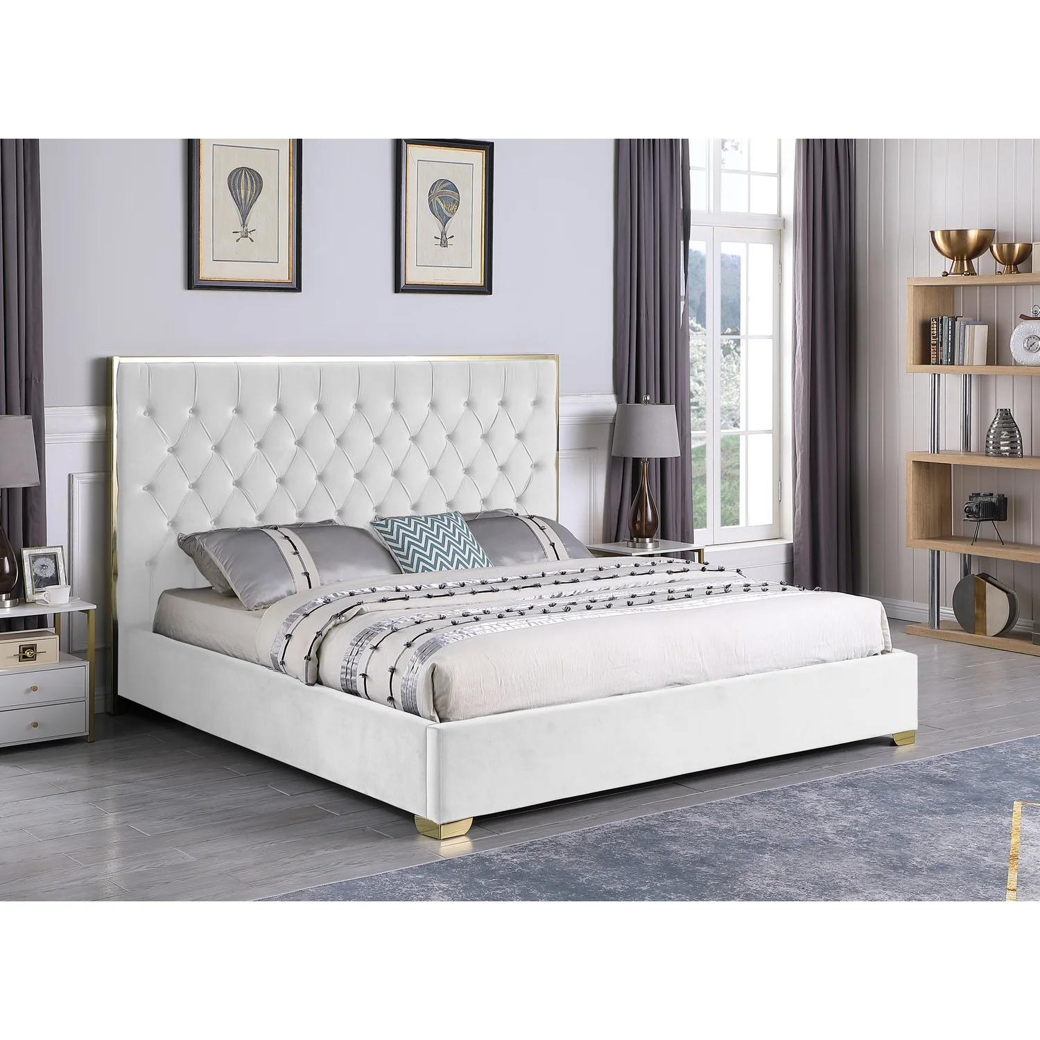 Kressa Velvet Fabric Tufted Queen Platform Bed in Cream