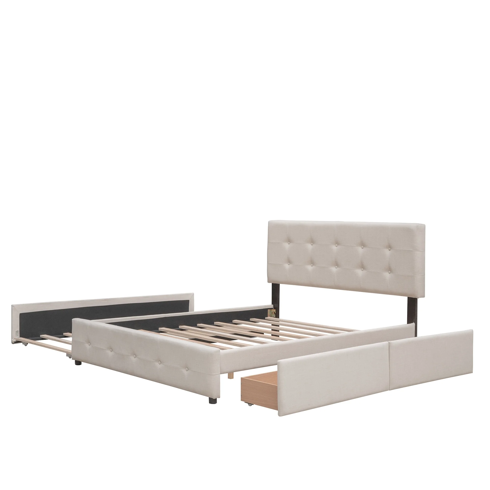 Queen Size Upholstered Platform Bed with 2 Drawers & Twin XL Trundle, Beige