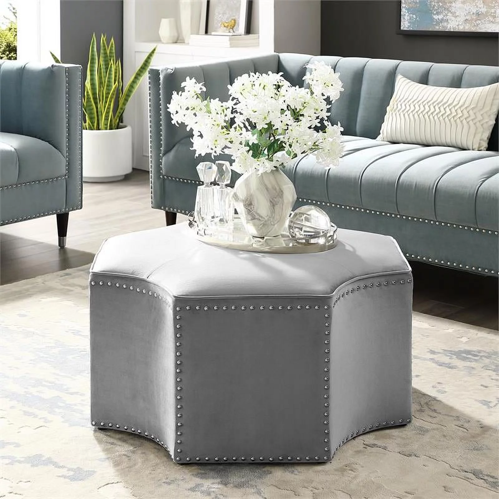 Posh Living Runrawin Velvet Upholstered Octagon Cocktail Ottoman in Gray