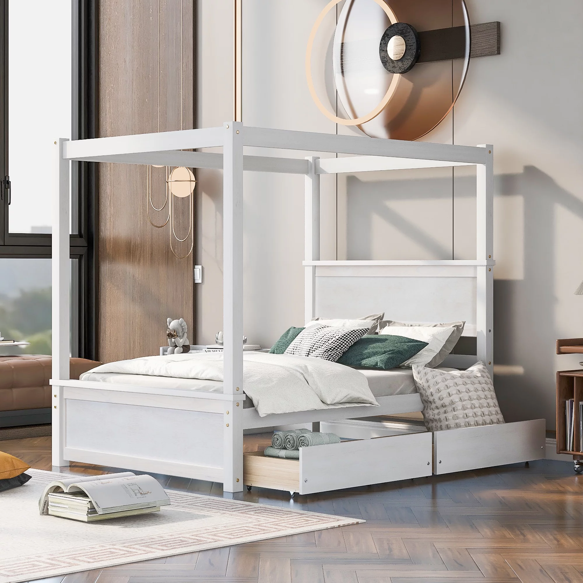 Full Size Canopy Bed 4-Post Canopy Platform Bed Frame with Two Drawers, Solid Wood Full Platform Bed Frame for Kids Teens Adults, No Box Spring Needed