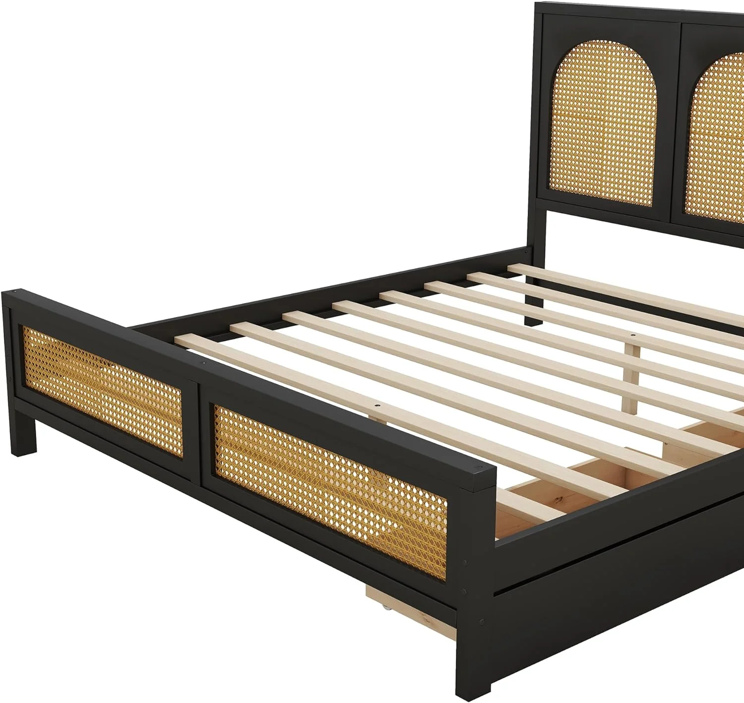 Queen Size Wood Storage Platform Bed with 2 Drawers, Rattan Headboard and Footboard