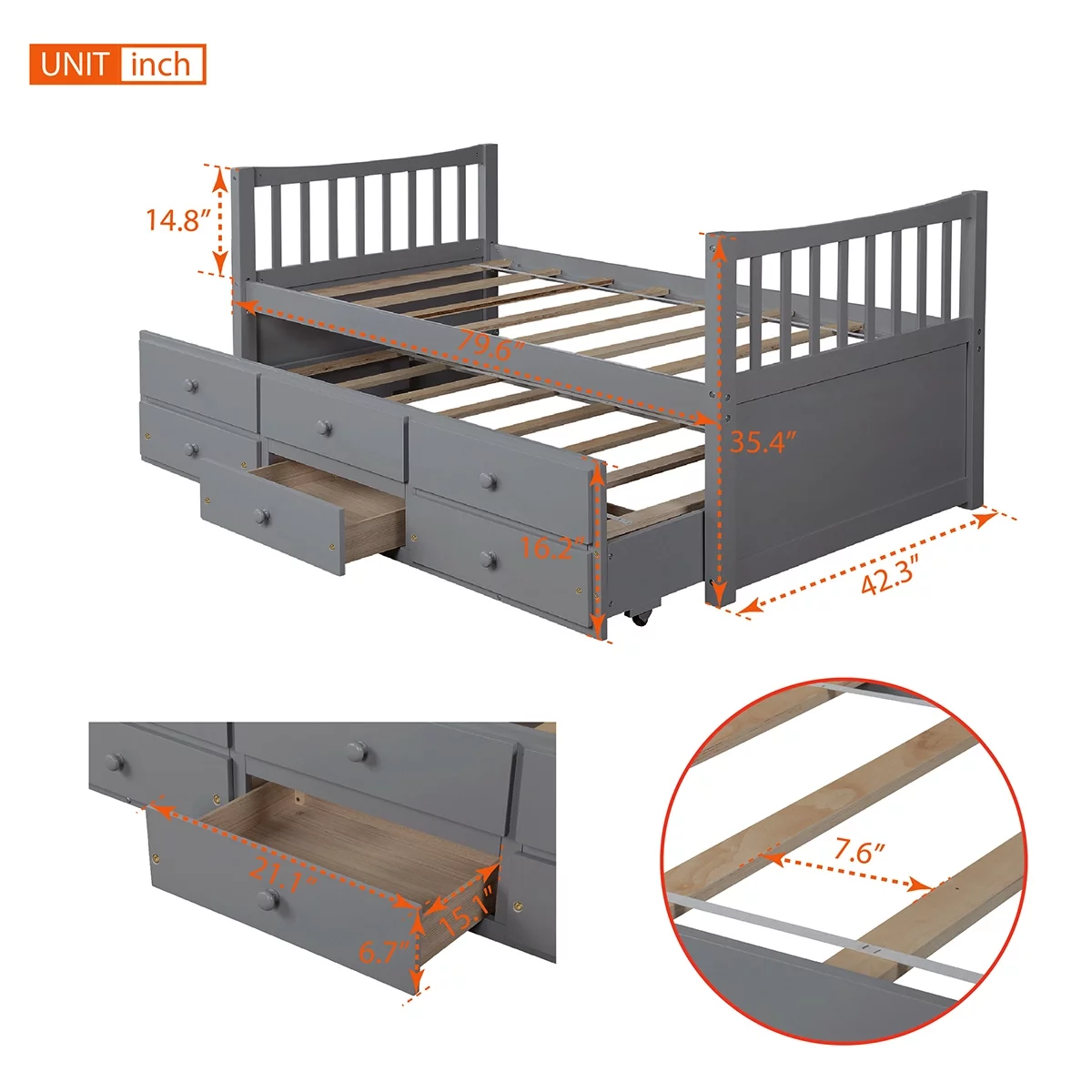 Twin Captain's Bed Storage Daybed with Trundle and Drawers, Wooden Daybed Twin Size Daybed for Living Room Dorm Bedroom