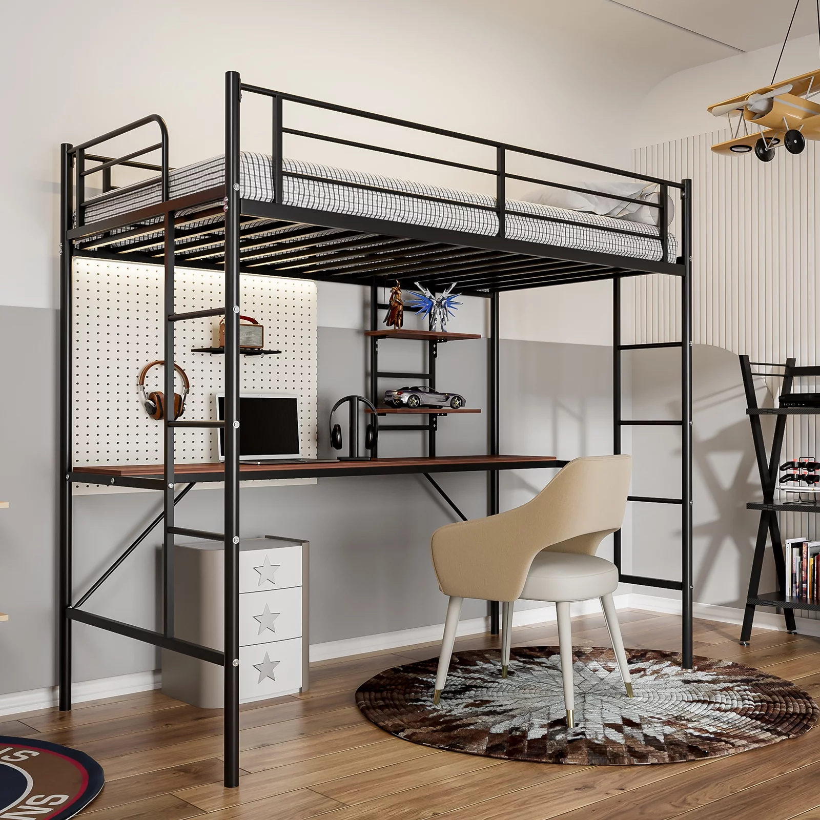 IKIFLY Metal Twin Size Loft Bed Frame with Desk & 2 Storage Shelves, Two Build-in Ladders, Safety Guard Rail, Space-Saving Design - for Kids/Adults/Teens - Black