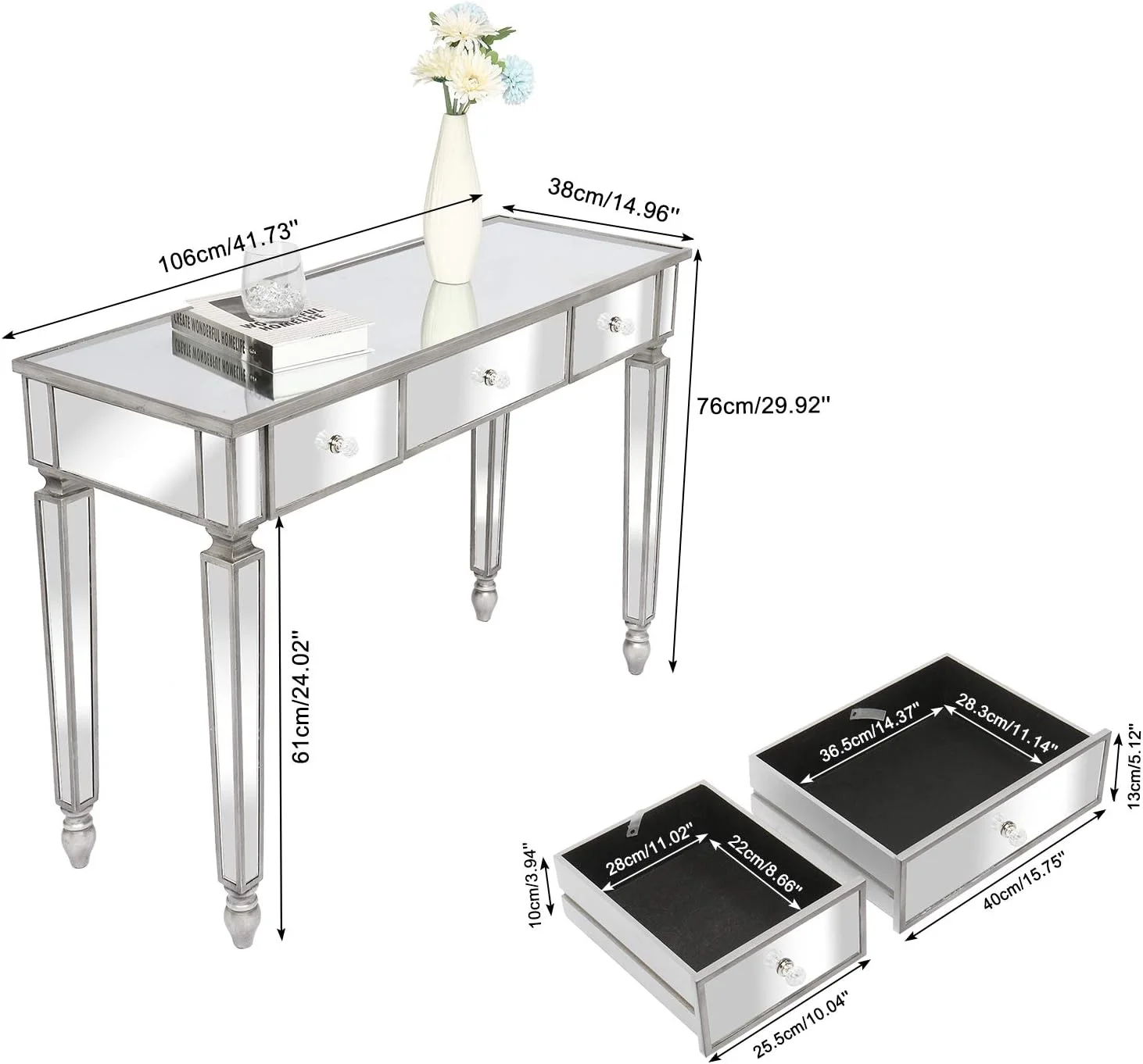 Mirror Table,Mirrored Makeup Vanity Table Desk, 3 Drawer Media Console Table For Women Home Office Writing Desk Smooth Finish With Crystal-Style Knobs (Antique Silver)