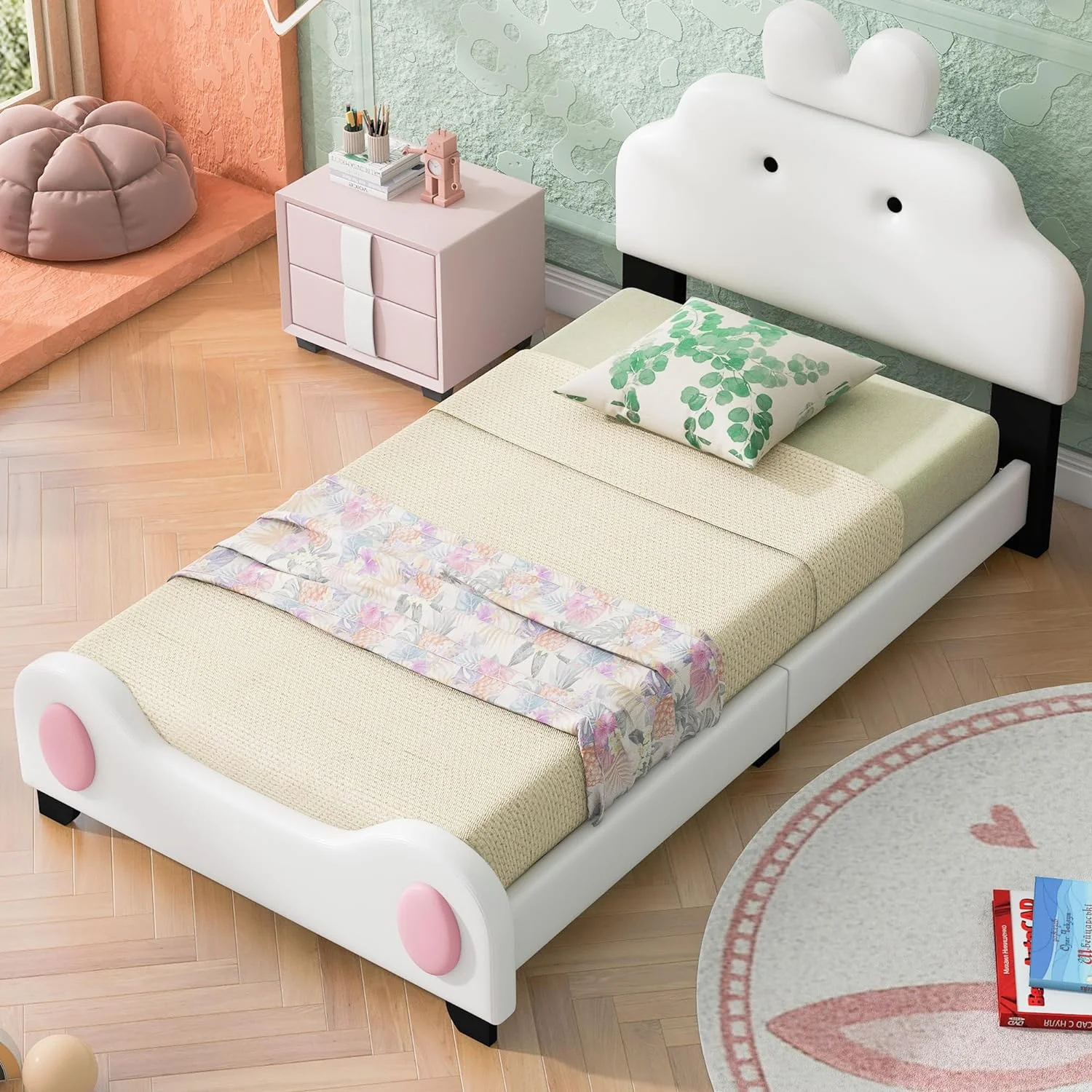 Size PU Leather Upholstered Platform Bed With Cartoo Headboard & Footboard For Boys & Girls, White Pik
