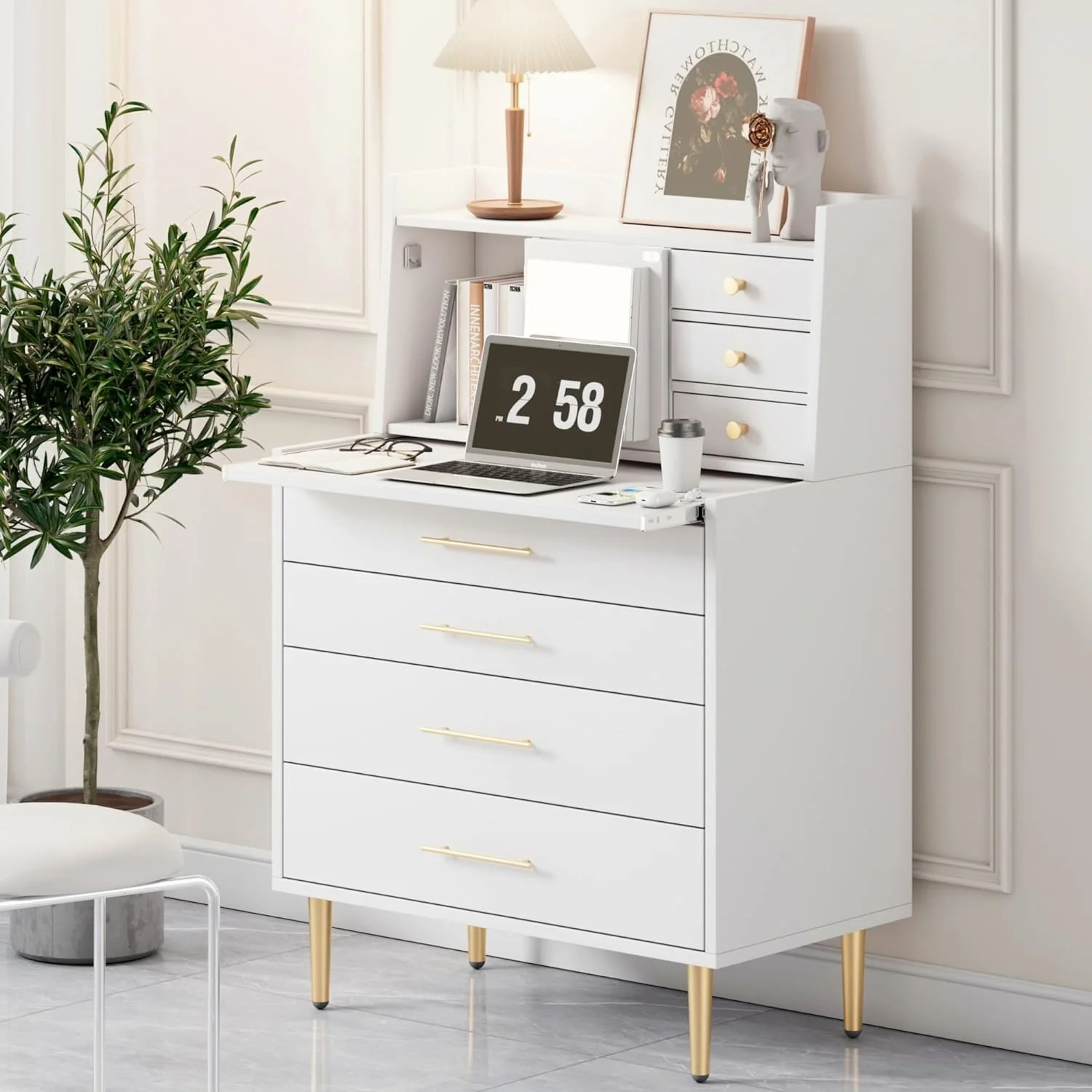 Vanity Makeup Table With Mirror And Retractable Table, Storage Dresser For Bedroom With 7 Drawers And Hidden Storage,White