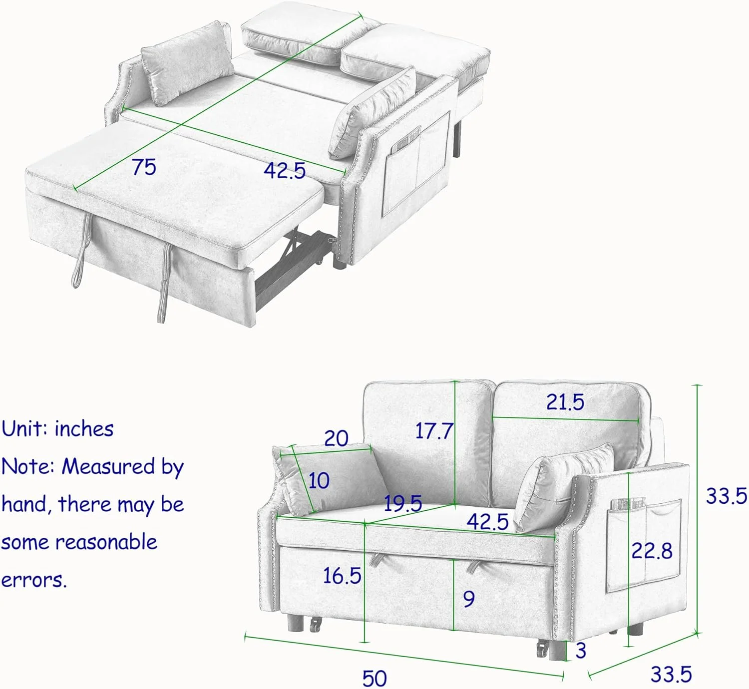 Convertible Sleeper Sofa With Pull Out Bed, 3-In-1 Velvet Small Loveseat With Nailhead Design & Side Storage Pockets, 2 Seat Loveseat Sleeper Sofa Bed For Small Space, Living Room